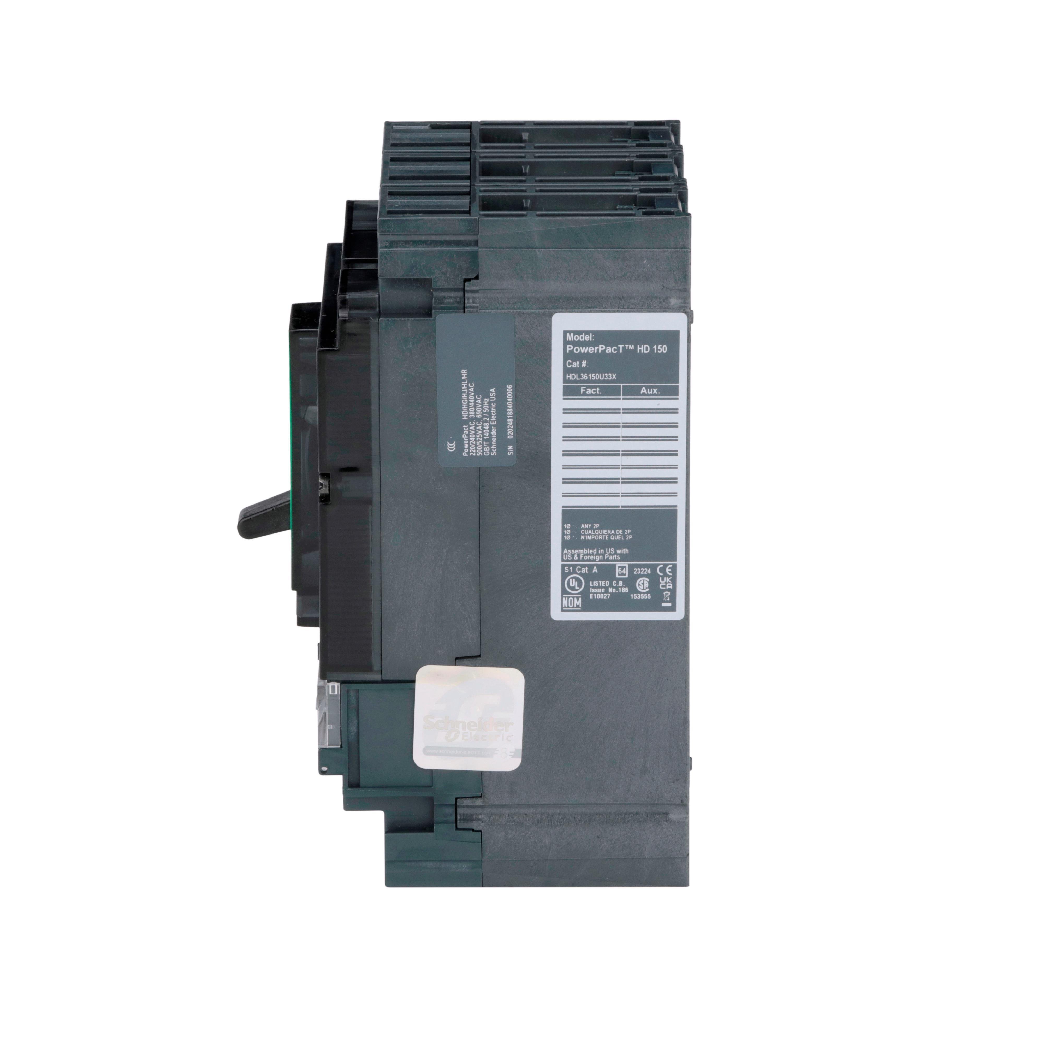 Picture of HDL36150U33X - Circuit breaker, PowerPacT H, 150A, 3 pole, 600VAC, 14kA, lugs, Micrologic 3.2S, 80%