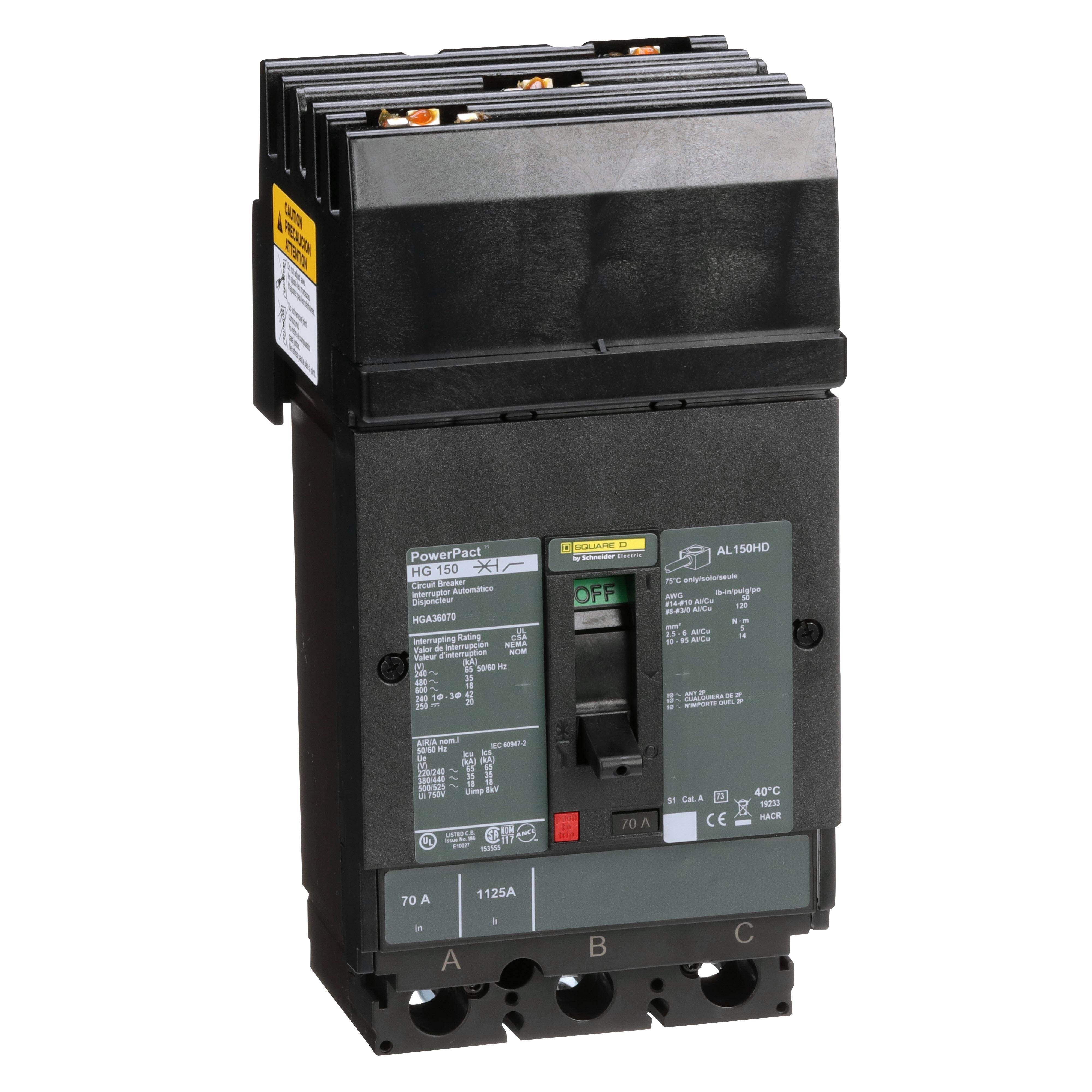 HGA36070 - Circuit breaker, PowerPacT H, 70A, 3 pole, 600VAC, 18kA, I-Line, thermal magnetic, 80%, ABC