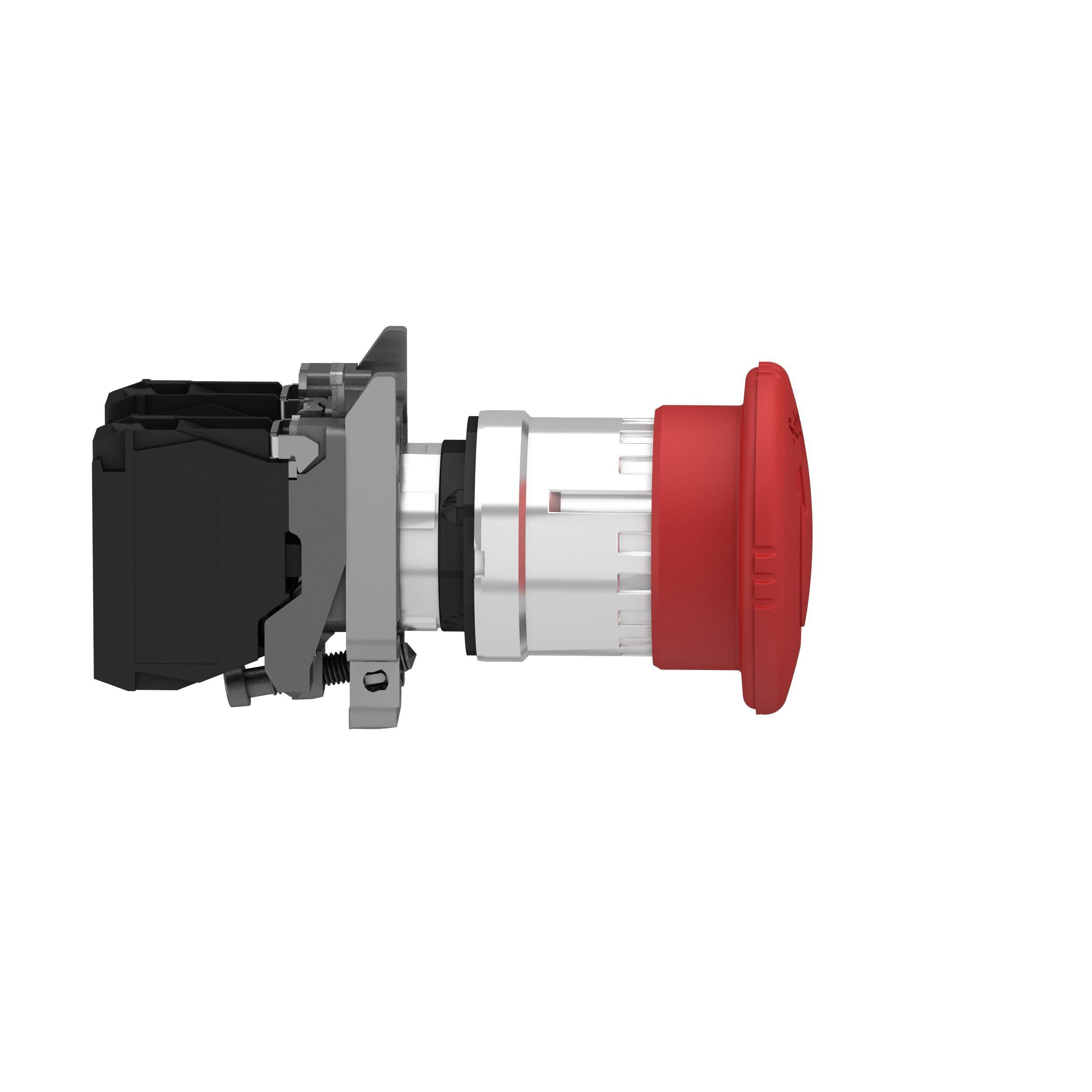 Picture of XB4BS8444 - Emergency stop push button, Harmony XB4, metal, red mushroom, 40mm, 22mm, trigger latching turn to release, 2NC