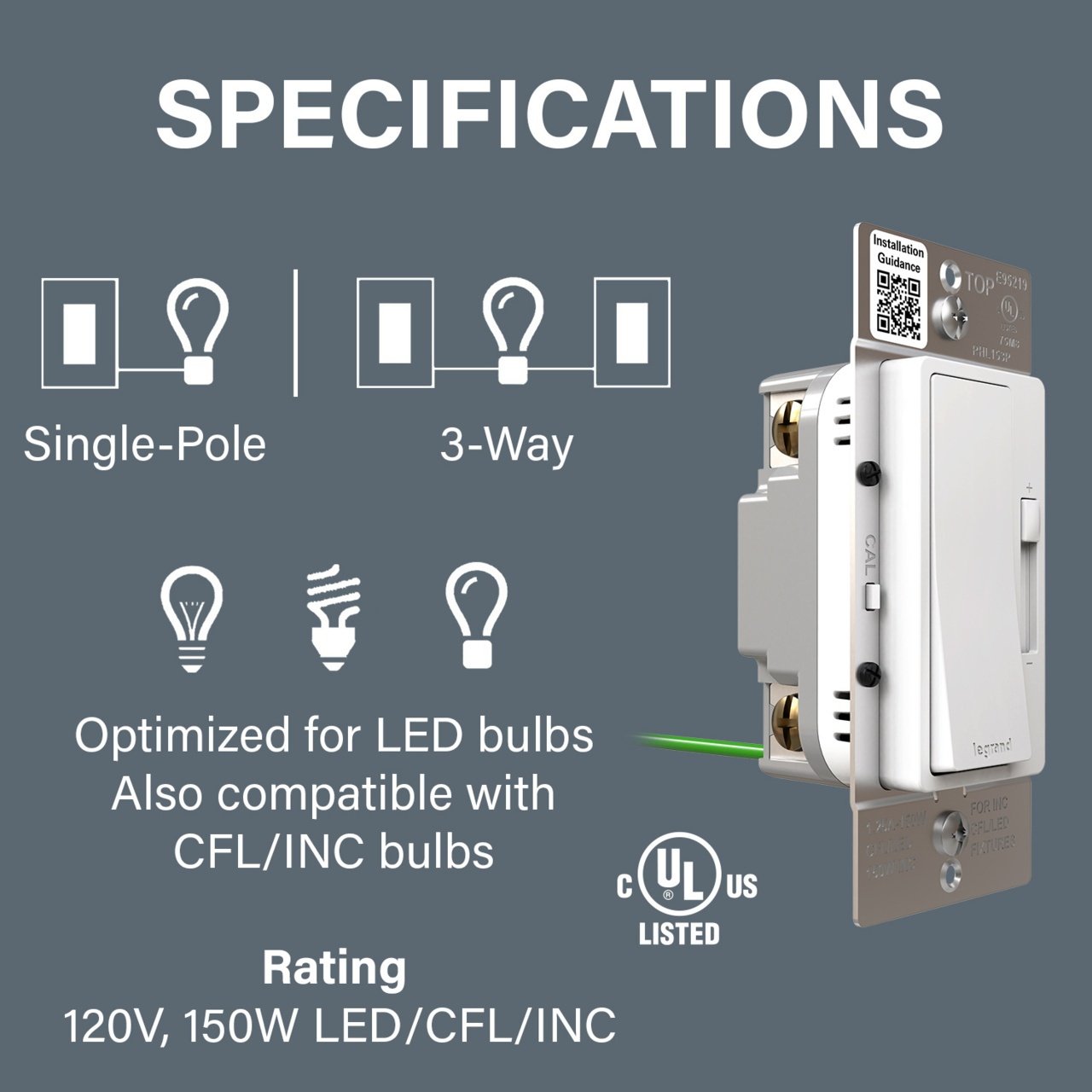 Picture of RHL153PW - radiant® LED Advanced 150W Single Pole 3-Way Dimmer, White