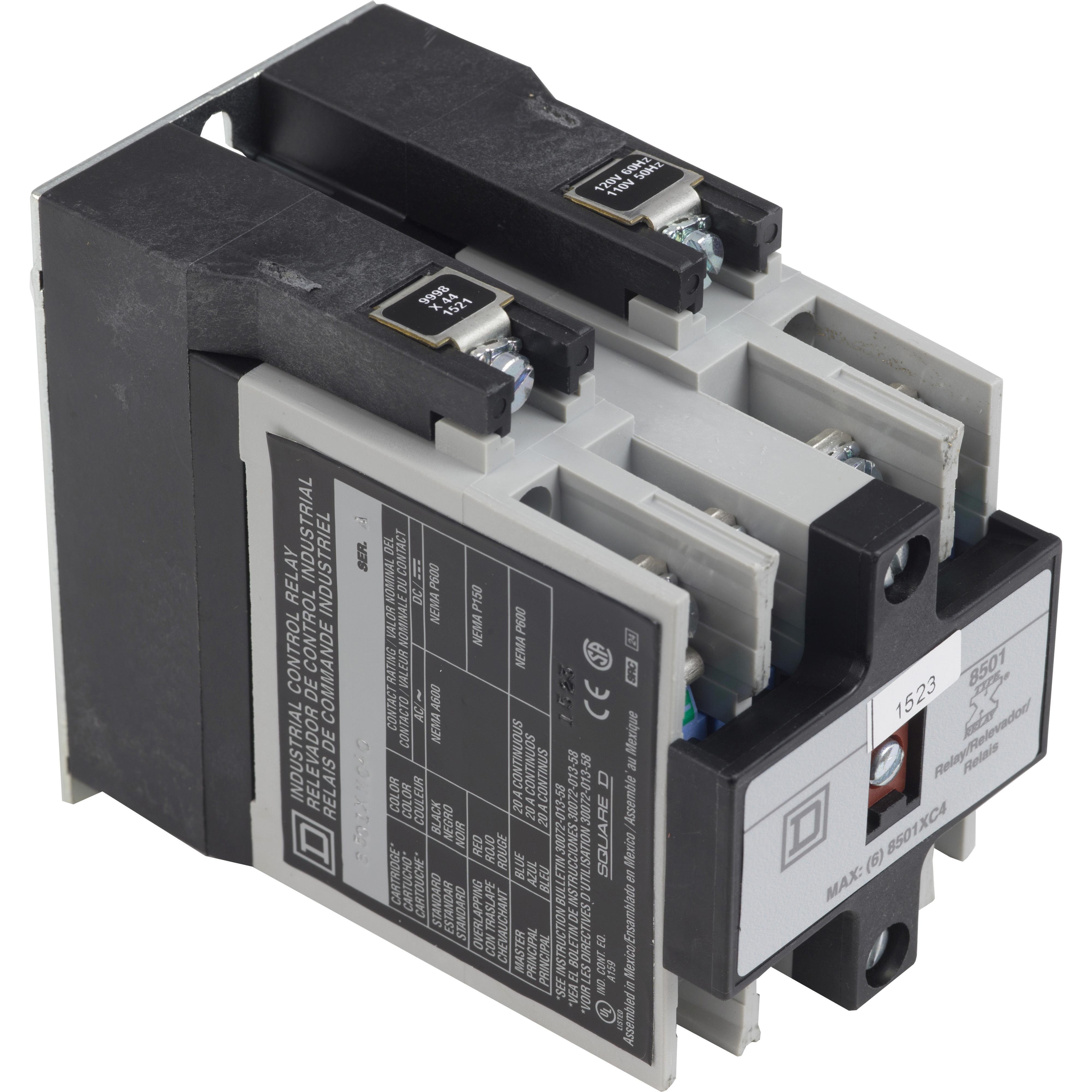 Picture of 8501XMO40V02 - Relay, Harmony 8501X, master, coil, screw clamp terminals, 10A resistive at 600V AC, 110/120V AC 50/60Hz, 4NO