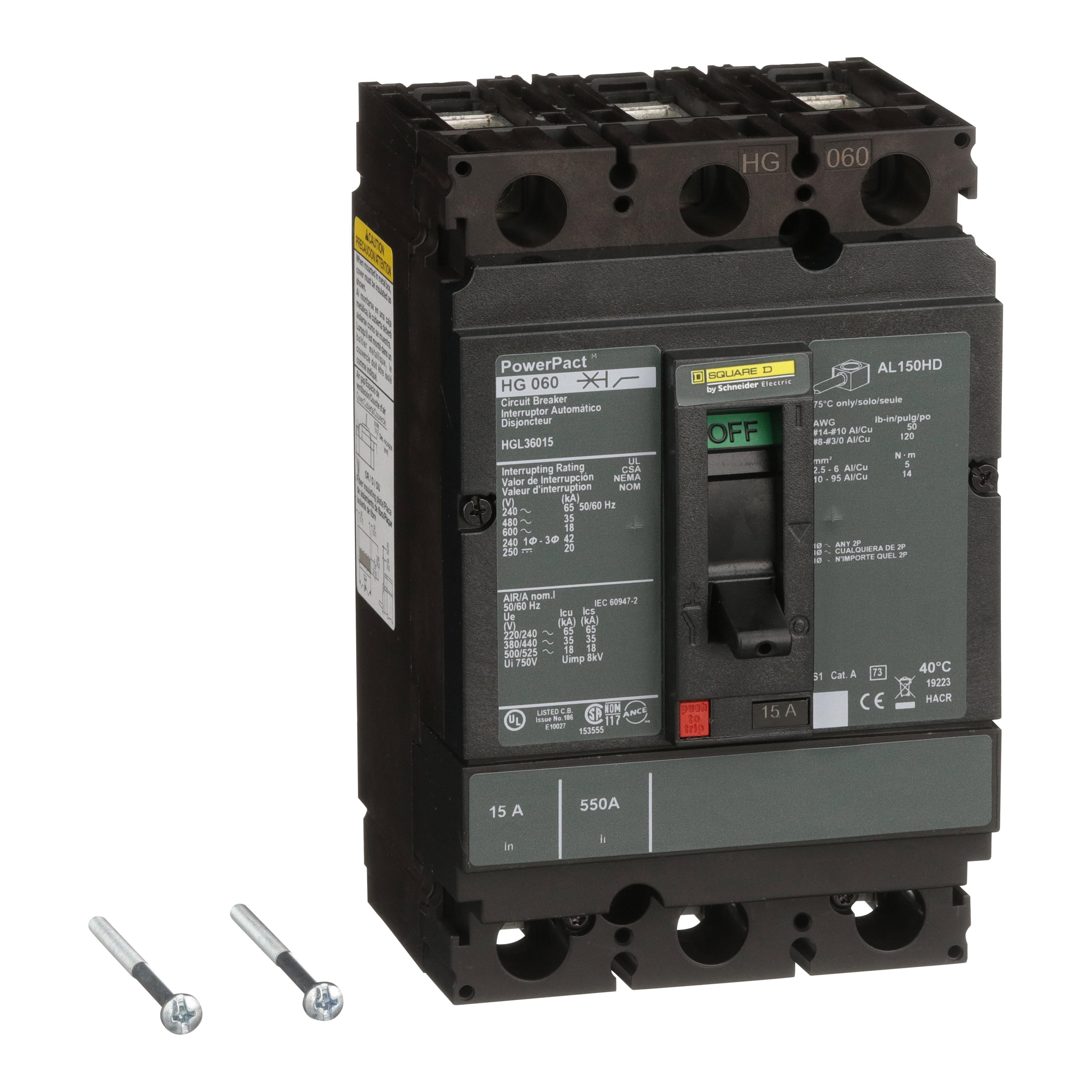 HGL36015 - Circuit breaker, PowerPacT H, 15A, 3 pole, 600VAC, 18kA, lugs, thermal magnetic, 80%