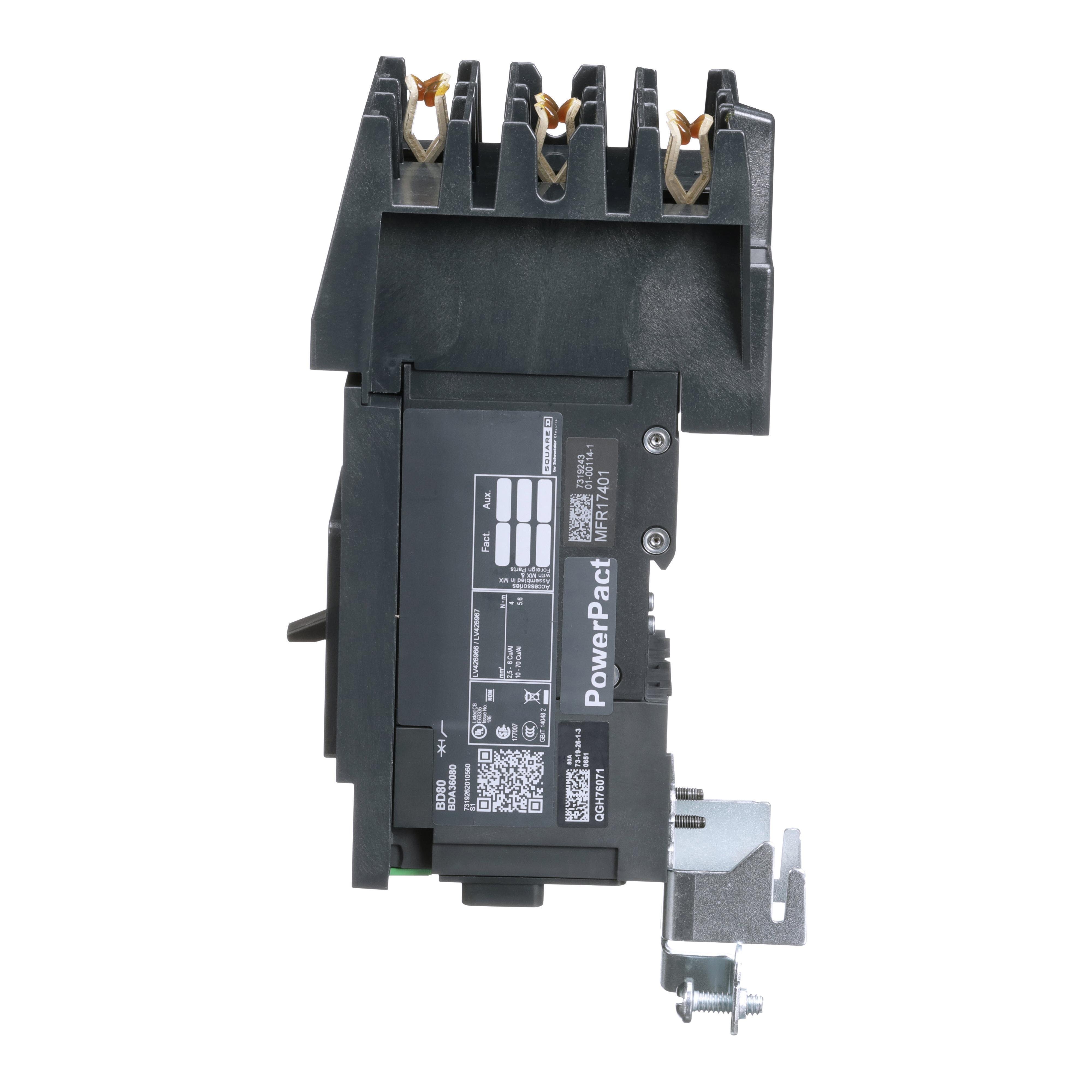 Picture of BDA36080 - Circuit breaker, PowerPacT B, 80A, 3 pole, 600Y/347VAC, 14kA, I-Line, thermal magnetic, 80%, ABC