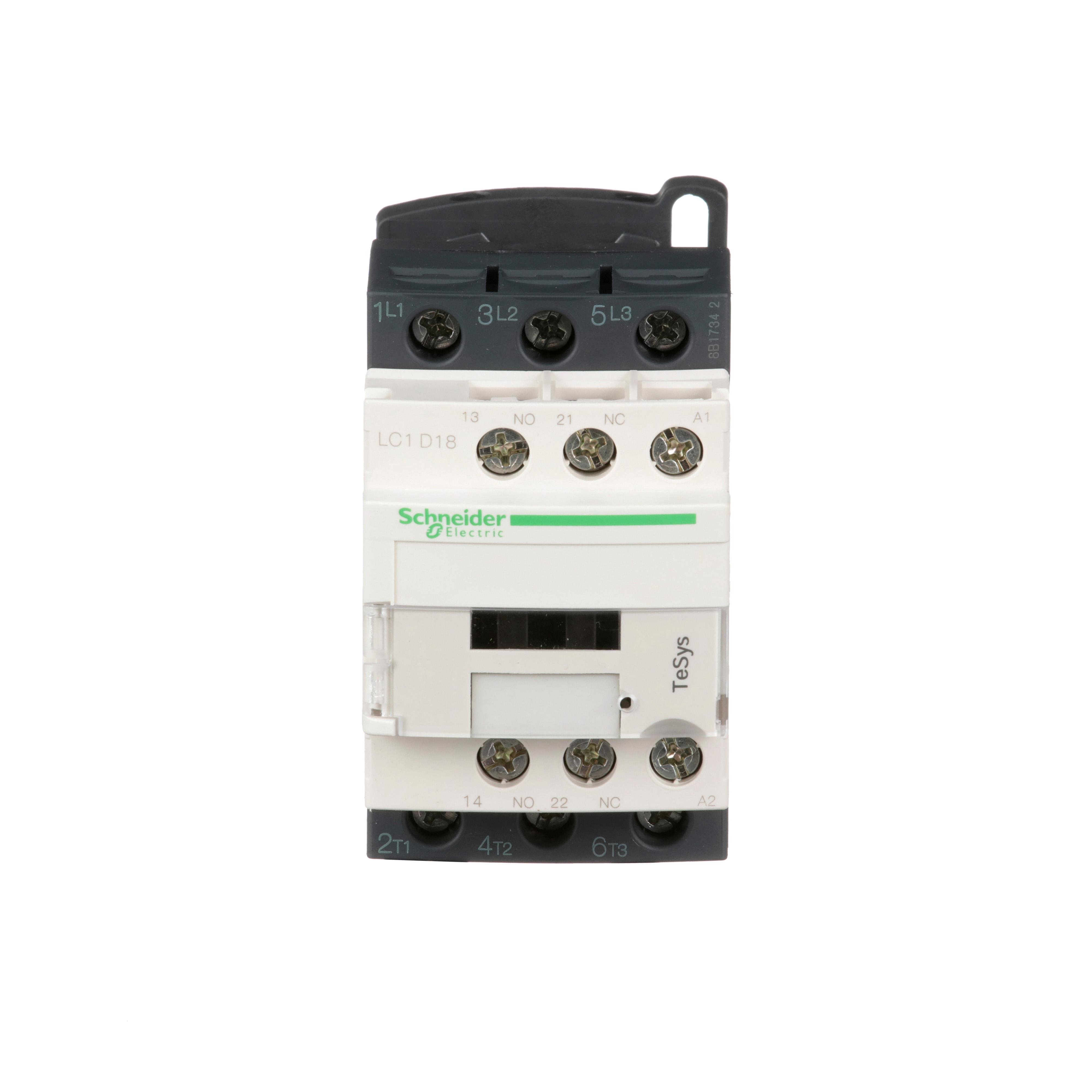 LC1D18T7 - IEC contactor, TeSys Deca, nonreversing, 18A, 10HP at 480VAC, up to 100kA SCCR, 3 phase, 3 NO, 480VAC 50/60Hz coil, open