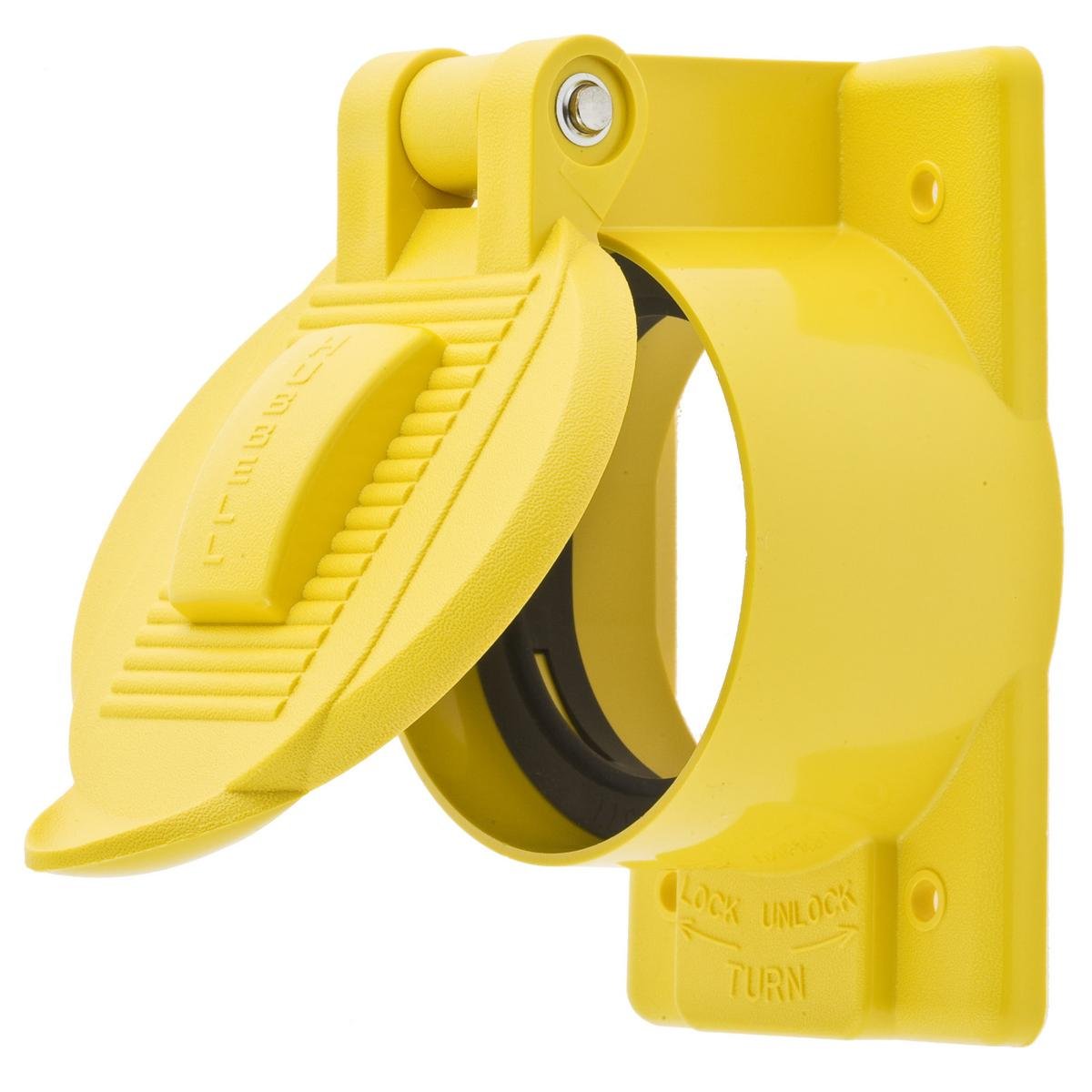 Picture of HBL77CM74WO - Wallplates and Boxes, Weatherproof Covers, 1-Gang, 1) 50A Twist-Lock® Opening, Standard Size, Yellow Polycarbonate