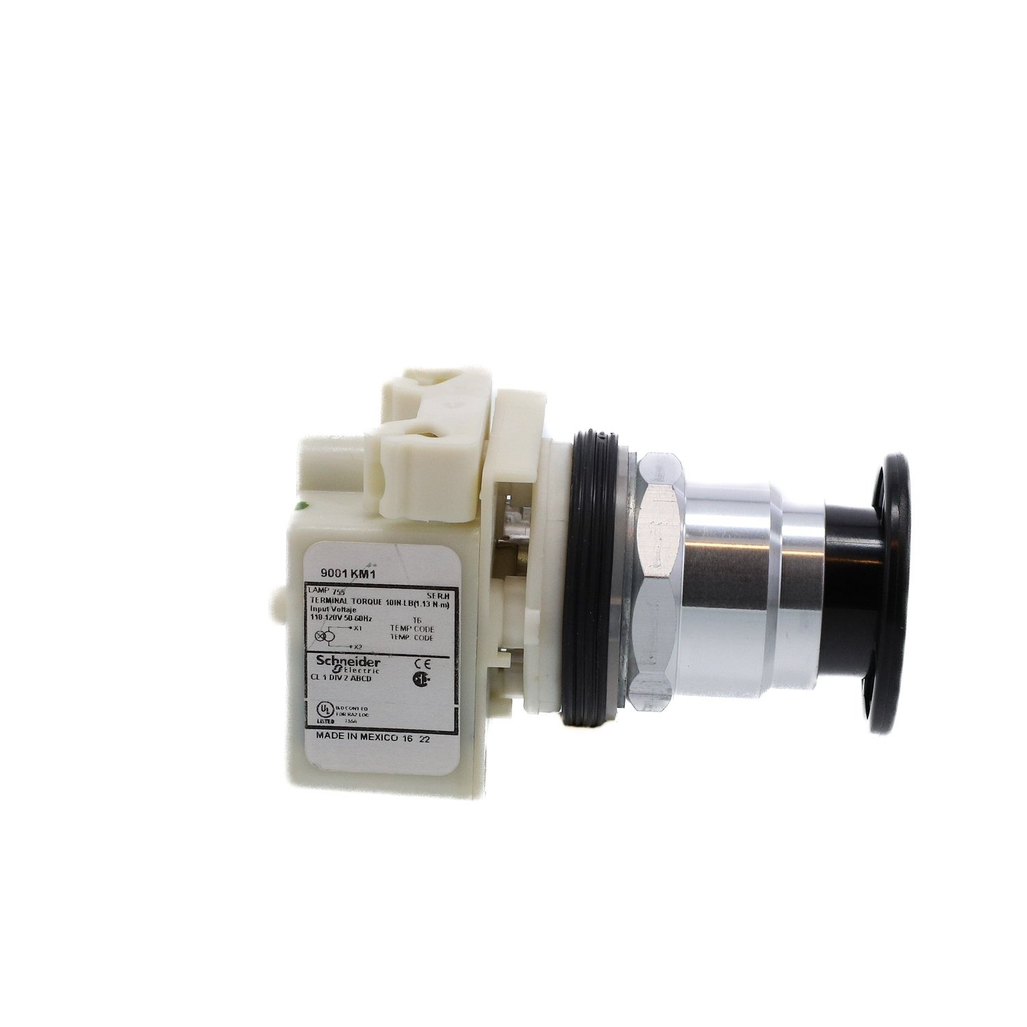 Picture of 9001KR8P1G - Illuminated push-button head, Harmony 9001K, metal, mushroom 41mm, green, 30mm, 3 positions, return to center, 110-120V