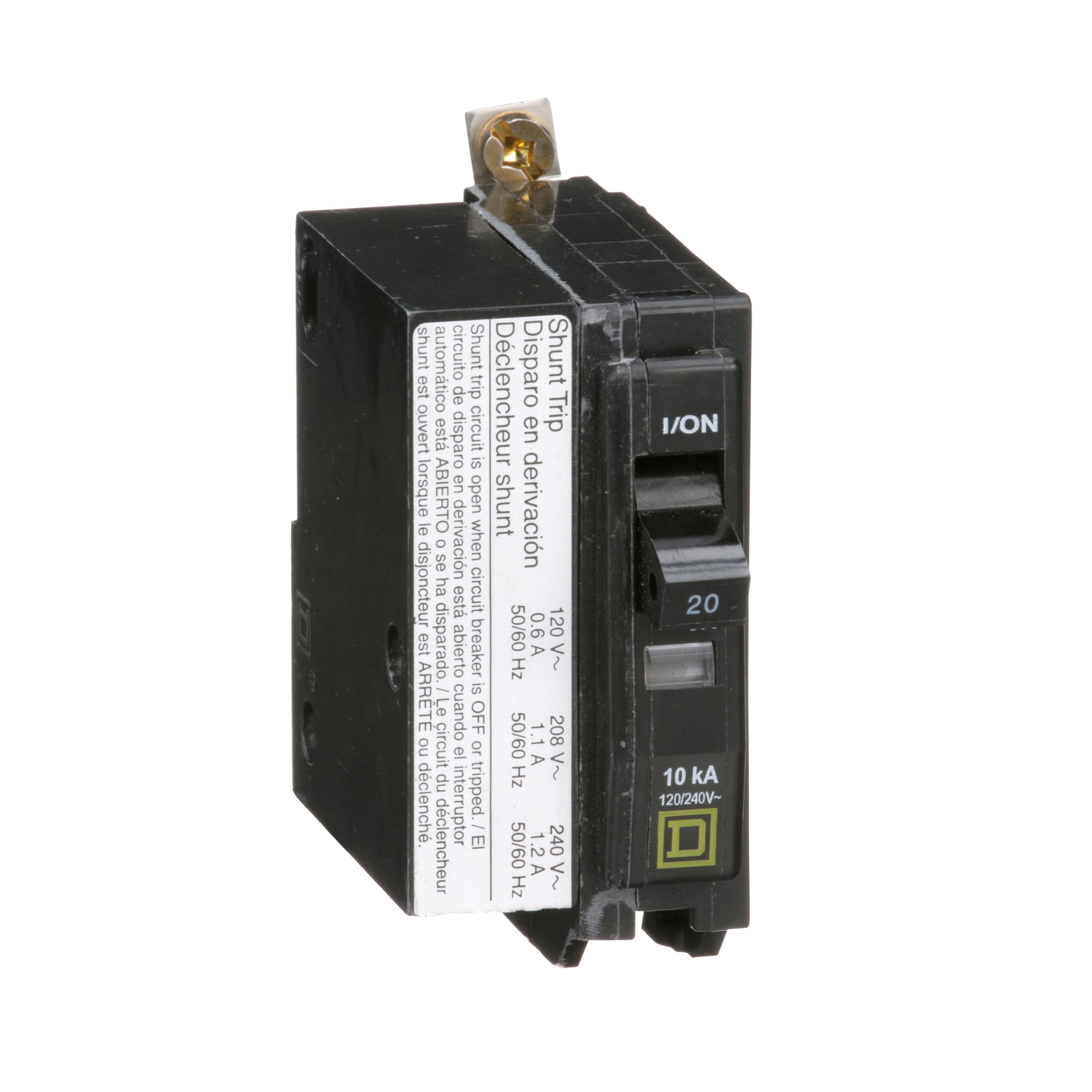 Picture of QOB1201021 - Mini circuit breaker, QO, 20A, 1 pole, 120/240VAC, 10kA, bolt on, AC shunt
