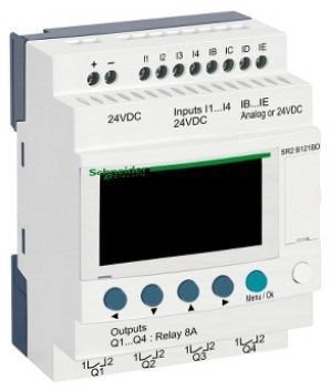 SR2B121BD - compact smart relay, Zelio Logic SR2 SR3, 12 IO, 24V DC, clock, display, 4 relay outputs