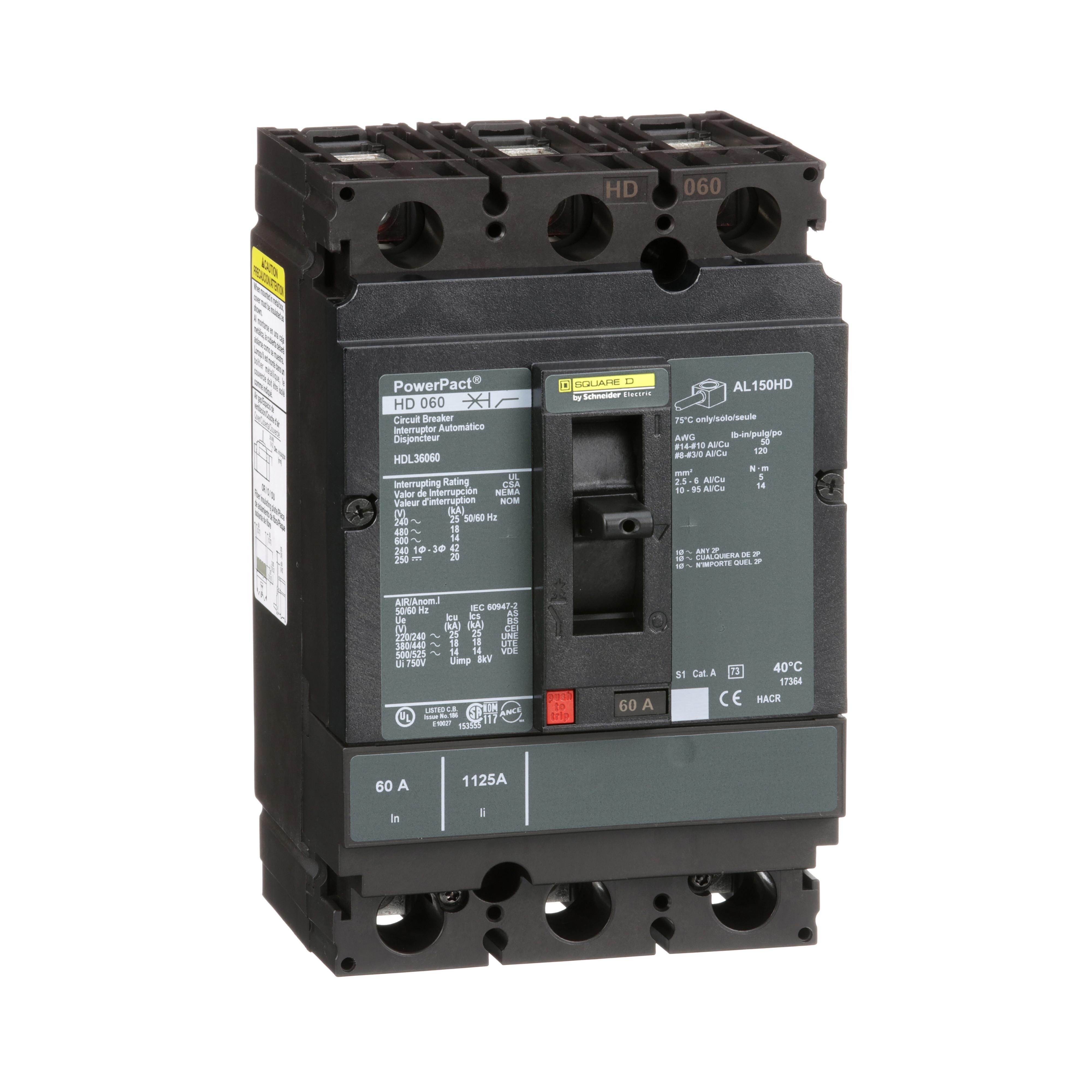 HDL36060 - Circuit breaker, PowerPacT H, 60A, 3 pole, 600VAC, 14kA, lugs, thermal magnetic, 80%