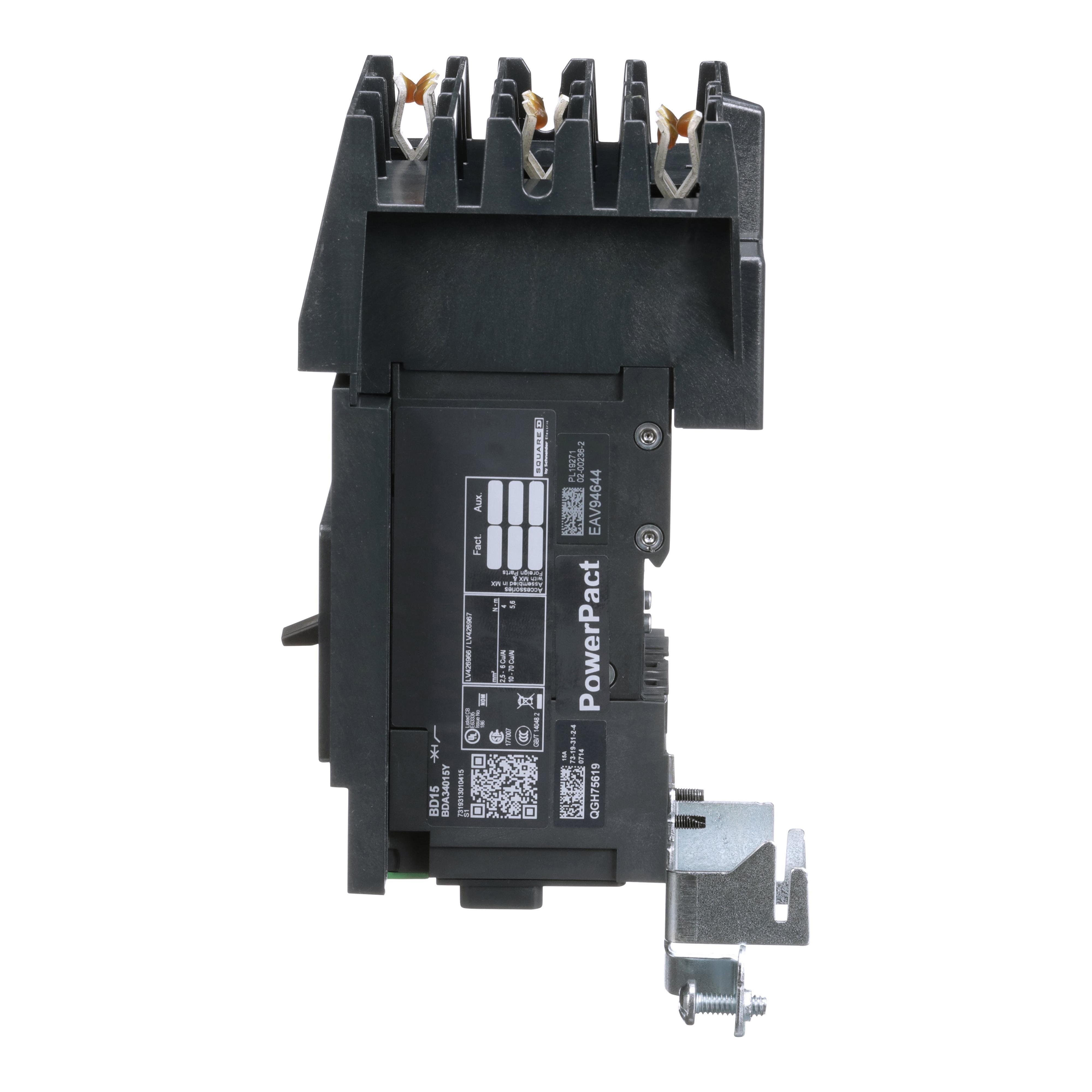 Picture of BDA34015Y - Circuit breaker, PowerPacT B, 15A, 3 pole, 480Y/277VAC, 18kA, I-Line, thermal magnetic, 80%, ABC
