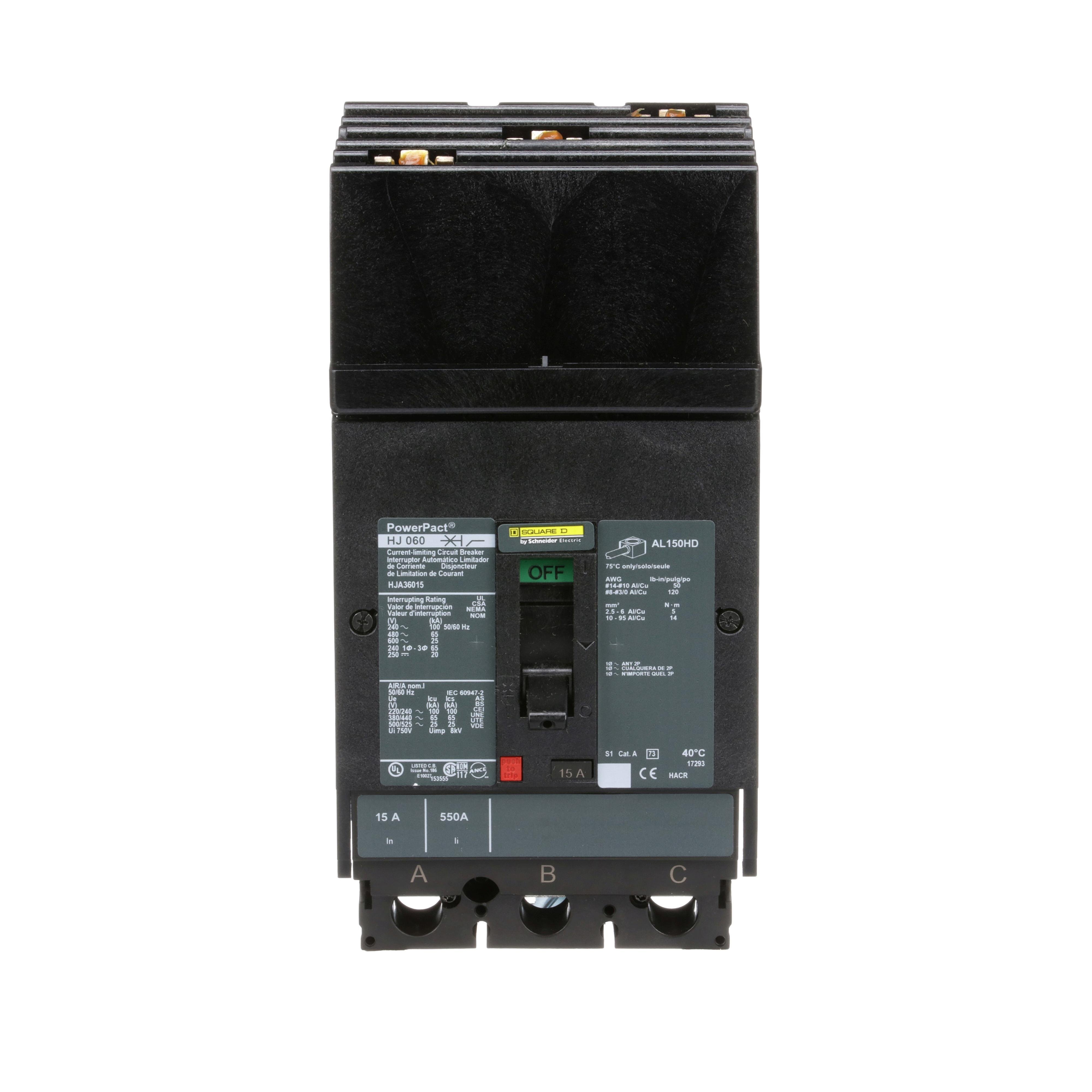 Picture of HJA36015 - Circuit breaker, PowerPacT H, 15A, 3 pole, 600VAC, 25kA, I-Line, thermal magnetic, 80%, ABC