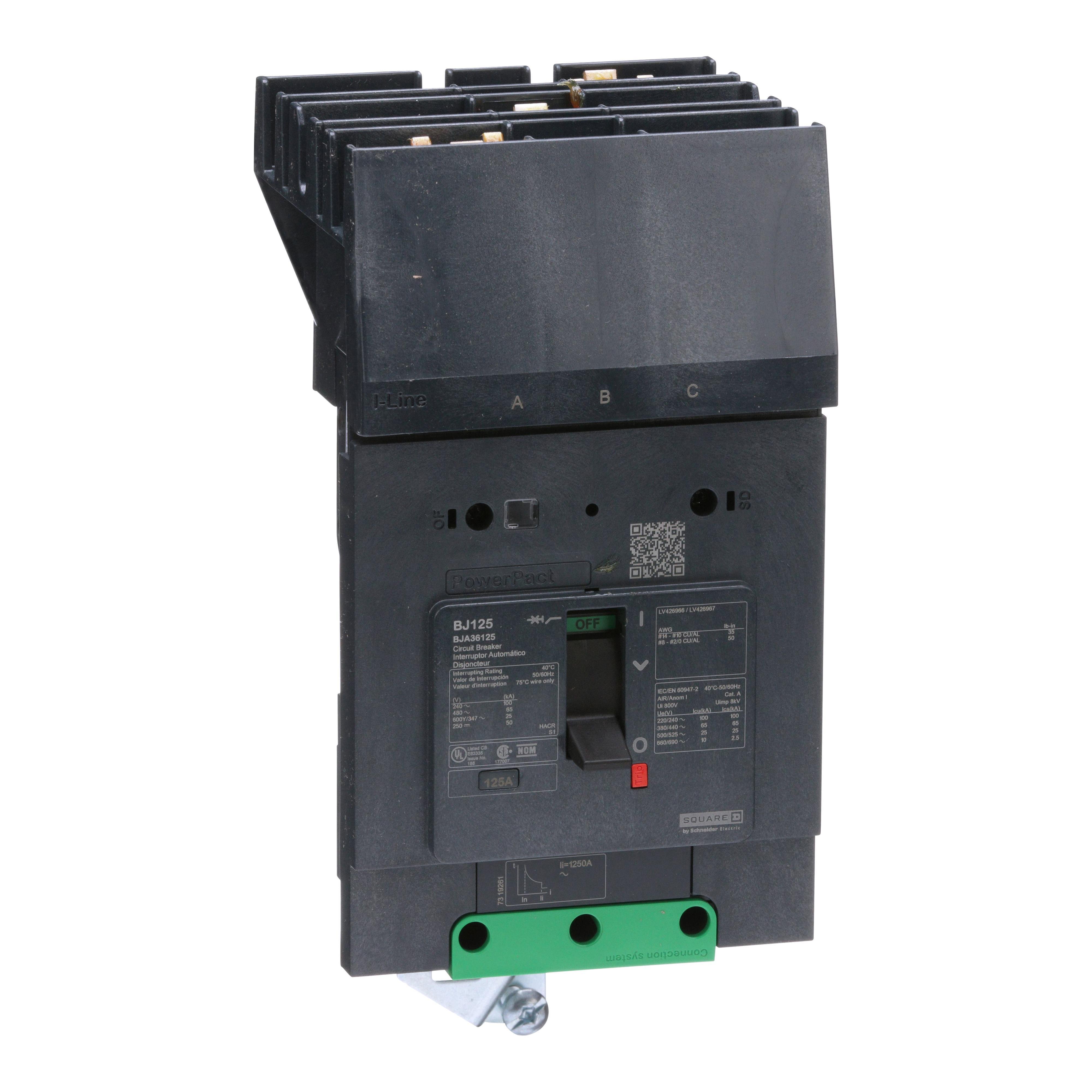 BJA36125 - Circuit breaker, PowerPacT B, 125A, 3 pole, 600Y/347VAC, 25kA, I-Line, thermal magnetic, 80%, ABC