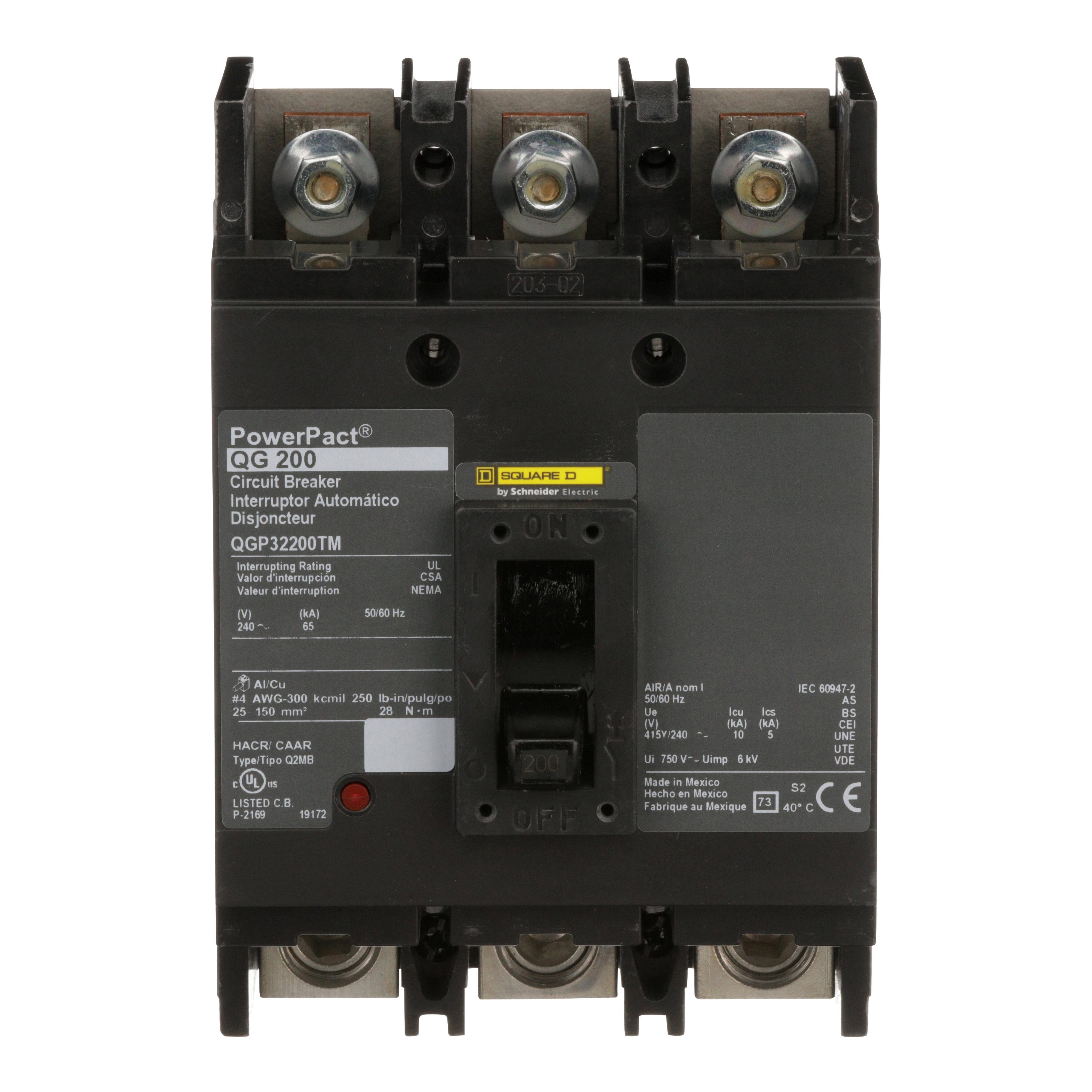 Picture of QGP32200TM - Circuit breaker, PowerPacT Q, 200A, 3 pole, 240VAC, 65kA, lugs, thermal magnetic, 80%, bottom of panel