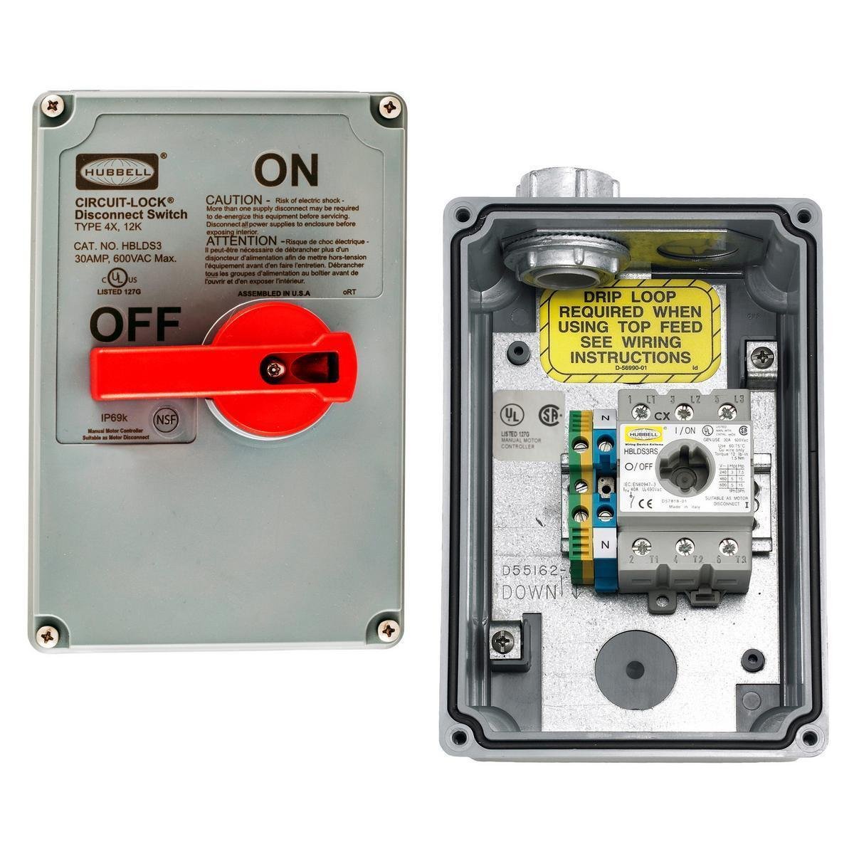 HBLDS3 - Switches and Lighting Controls, Industrial Grade, Non-Fused Disconnect Switch, Three Pole, 30A 600V AC, Screw Terminals, Gray, NEMA 4X Enclosure,