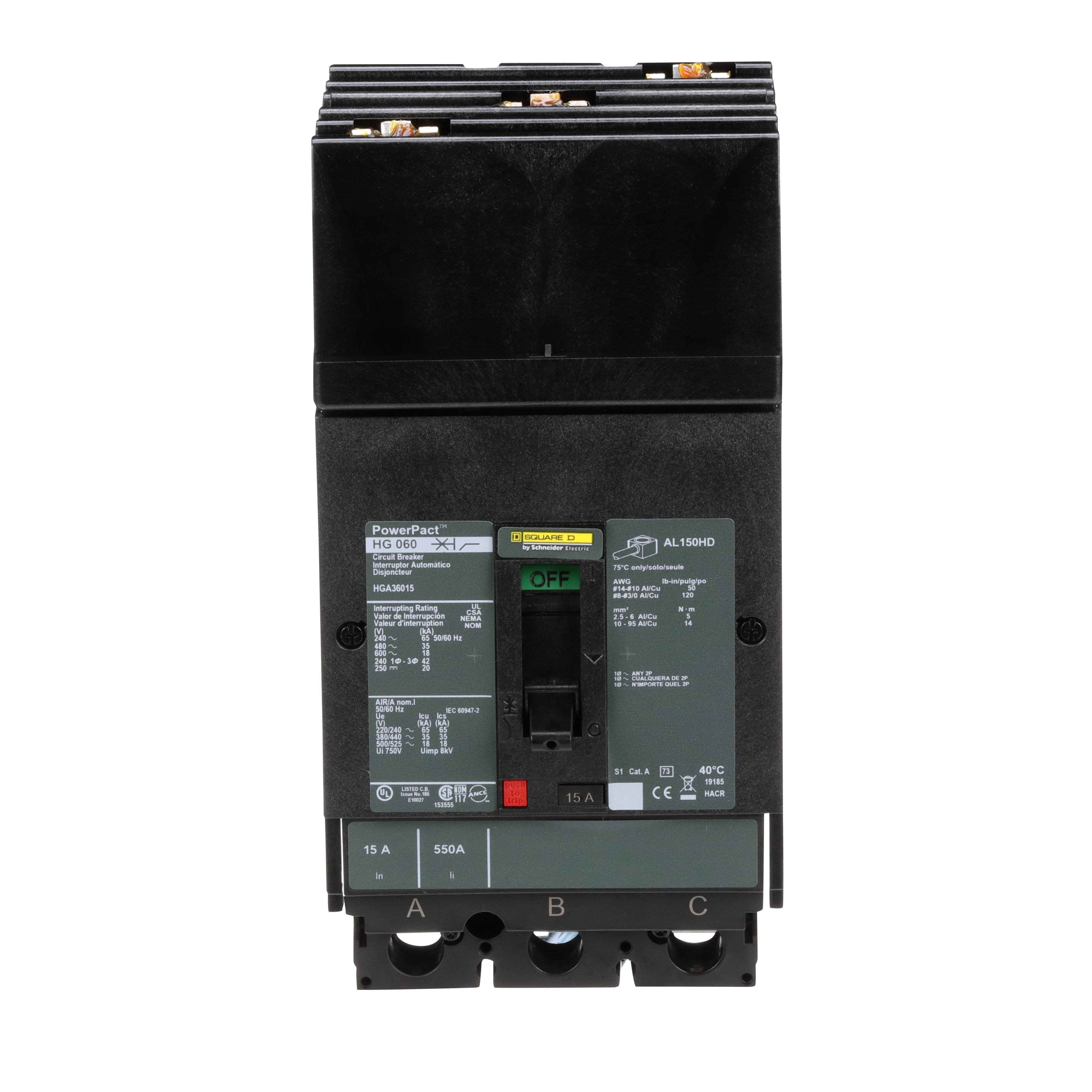 Picture of HGA36015 - Circuit breaker, PowerPacT H, 15A, 3 pole, 600VAC, 18kA, I-Line, thermal magnetic, 80%, ABC