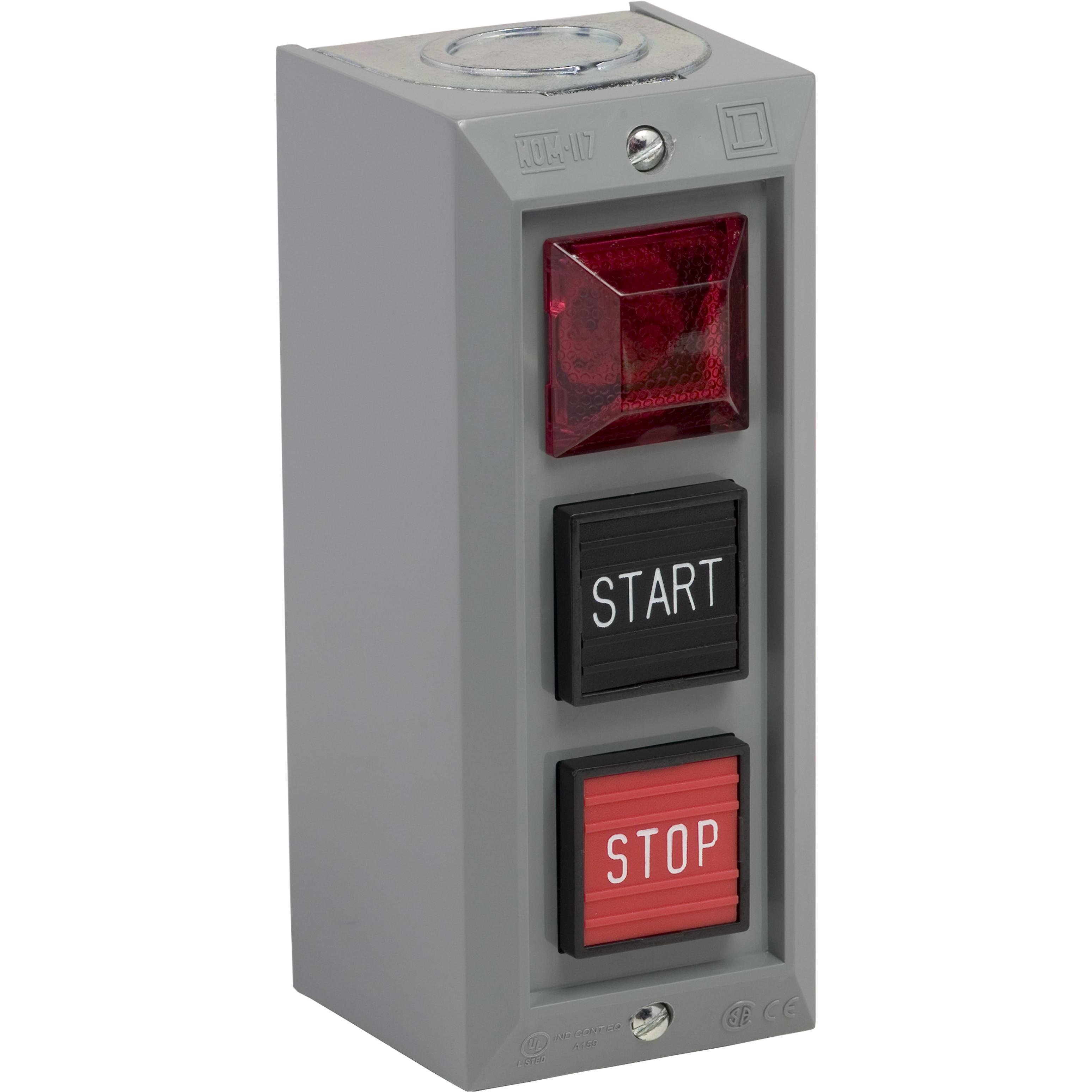 9001BG308 - Push button, Type B, standard duty control station, 5A, 600 VAC, START/STOP, red pilot light, NEMA 1