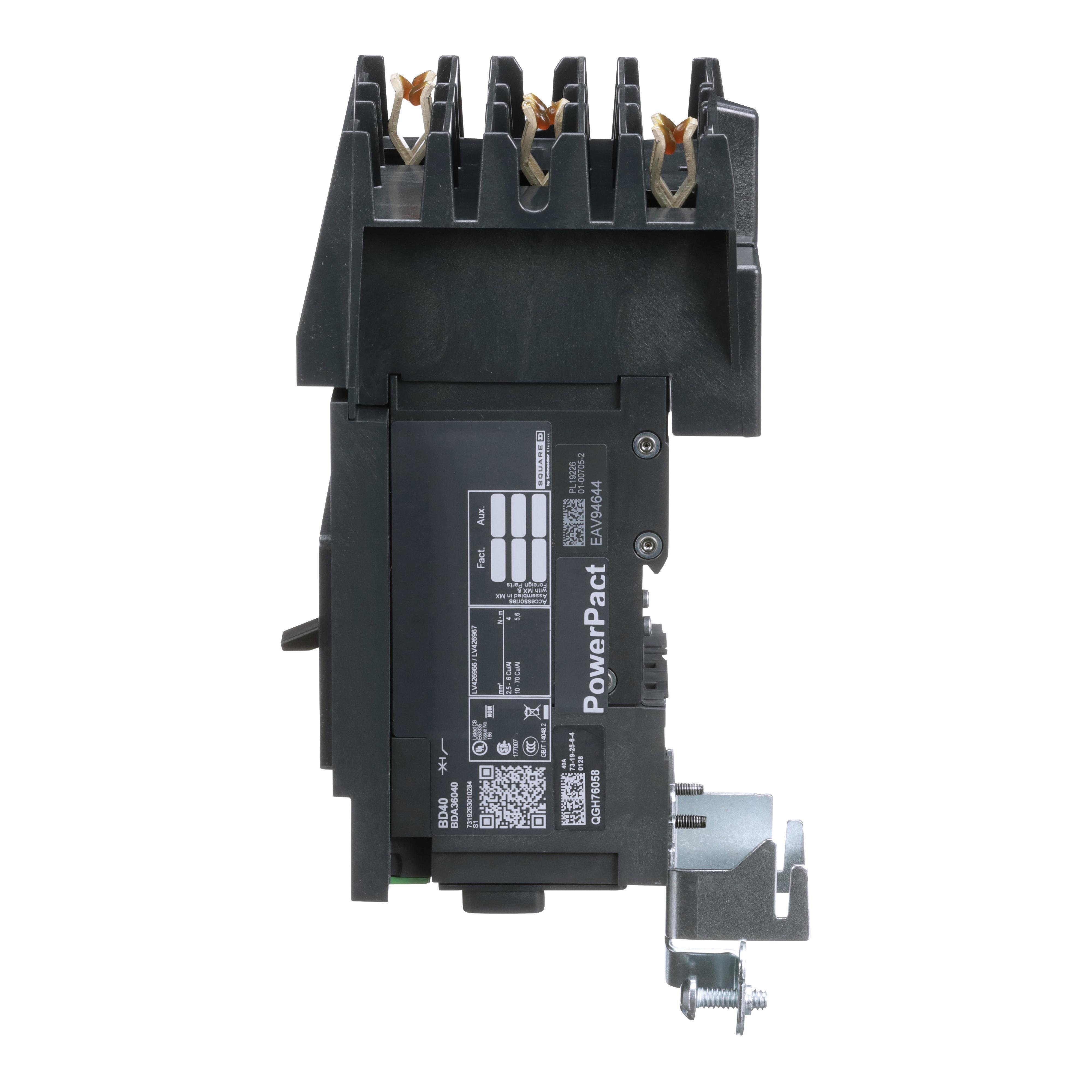 Picture of BDA36040 - Circuit breaker, PowerPacT B, 40A, 3 pole, 600Y/347VAC, 14kA, I-Line, thermal magnetic, 80%, ABC