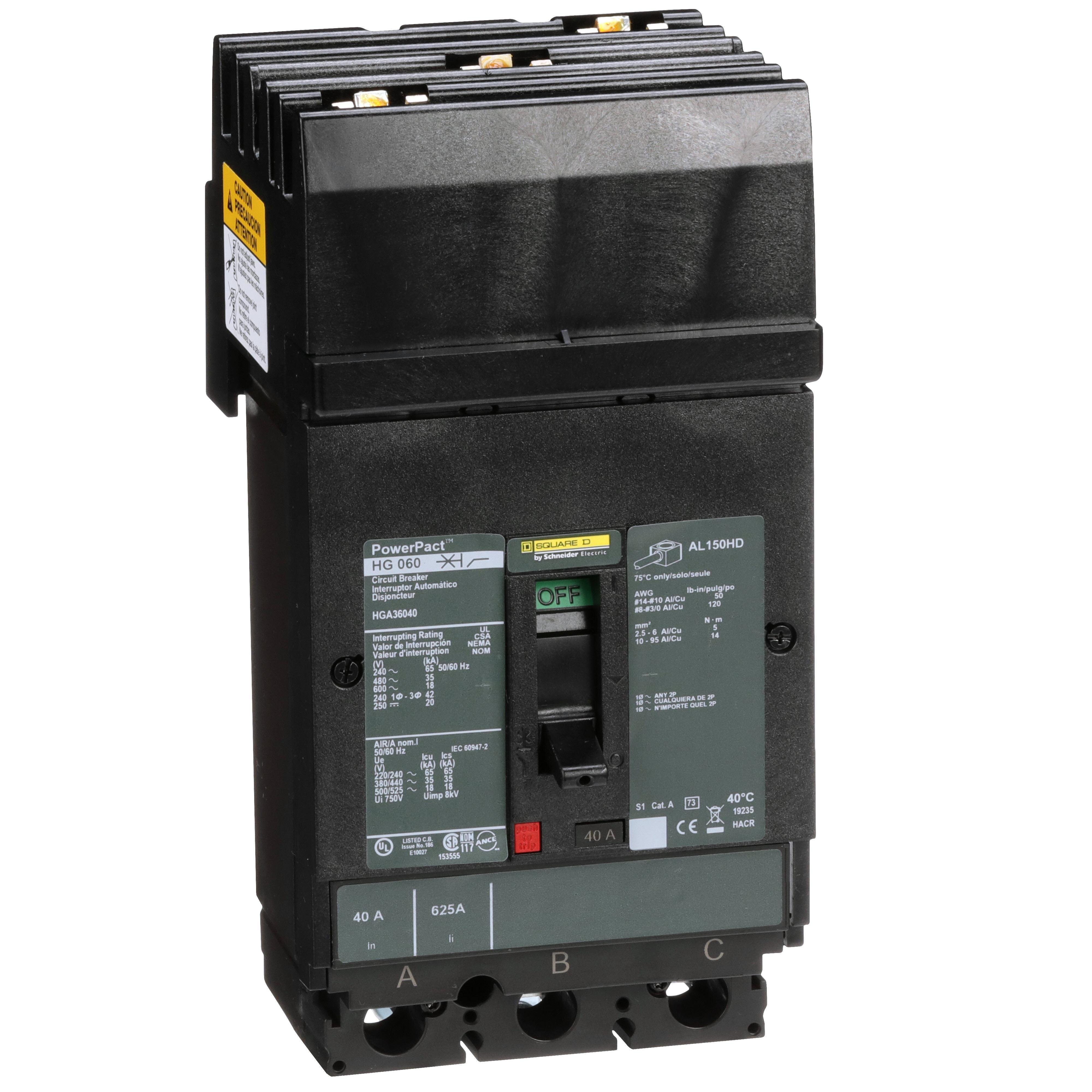 HGA36040 - Circuit breaker, PowerPacT H, 40A, 3 pole, 600VAC, 18kA, I-Line, thermal magnetic, 80%, ABC