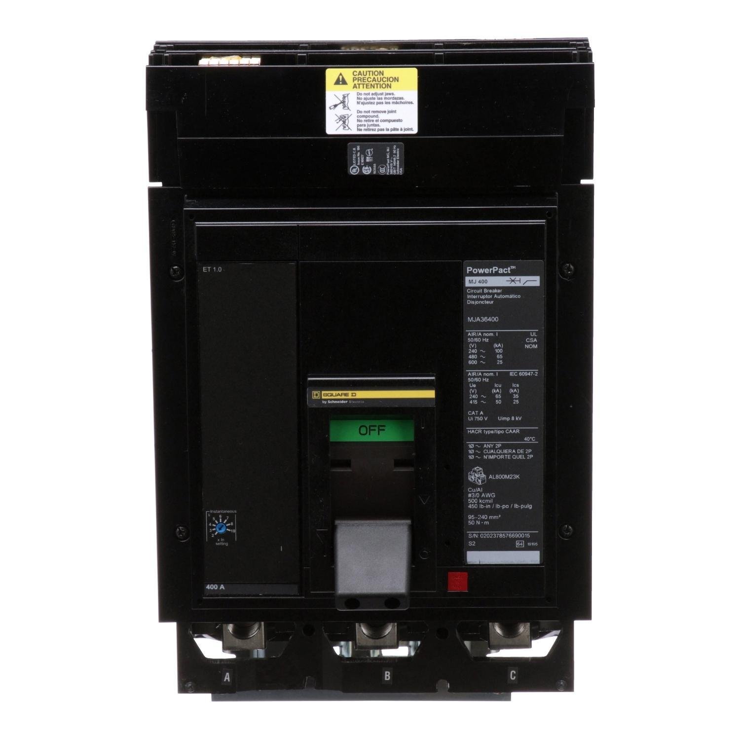 MJA36400 - Circuit breaker, PowerPacT M, 400A, 3 pole, 600VAC, 25kA, I-Line, ET 1.0, 80%, ABC