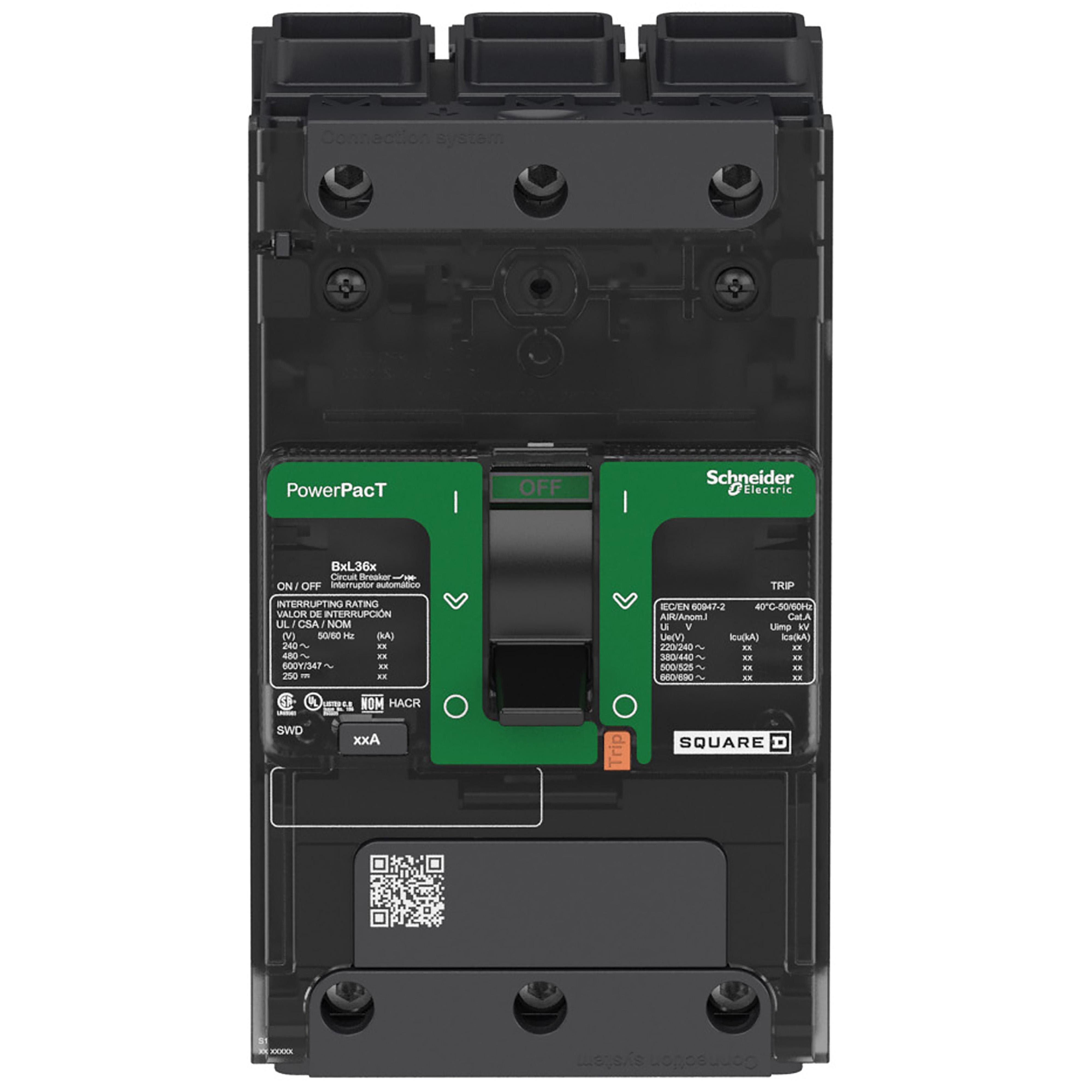 BGF36100 - Circuit breaker, PowerPacT B, 100A, 3 pole, 600Y/347VAC, 18kA, terminal nut, thermal magnetic, 80%