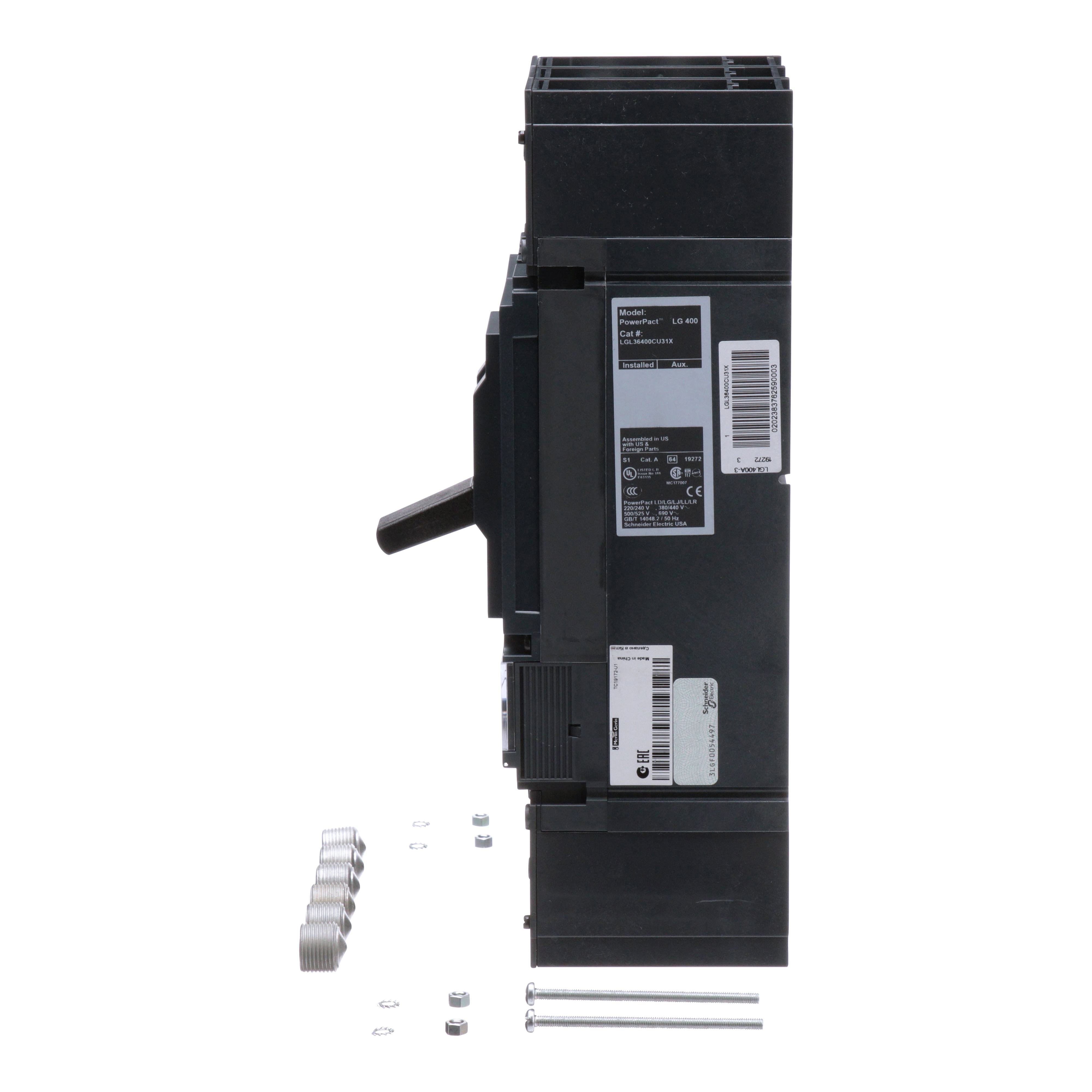 Picture of LGL36400CU31X - Circuit breaker, PowerPacT L, 400A, 3 pole, 600VAC, 18kA, lugs, MicroLogic 3.3, 100%