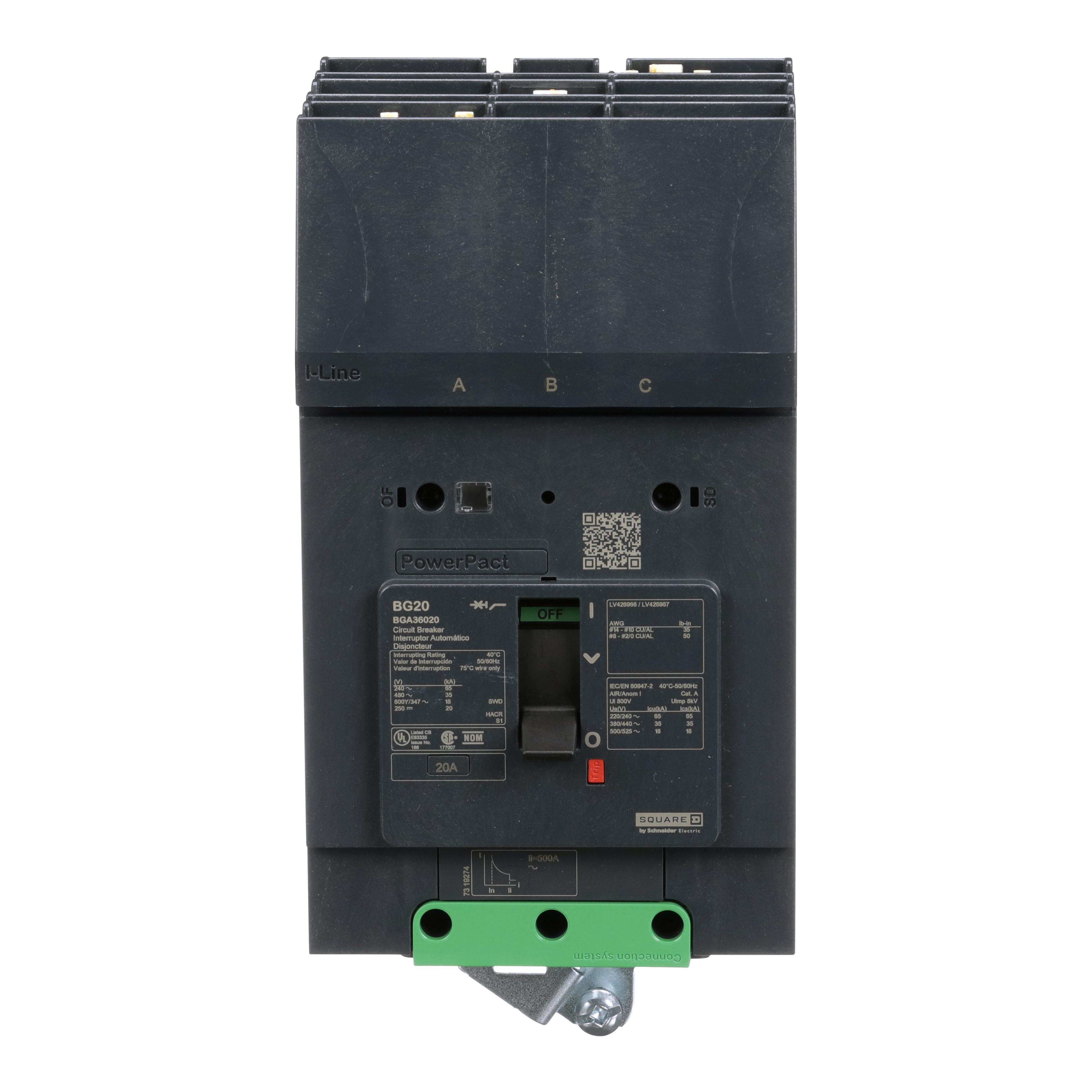 BGA36020 - Circuit breaker, PowerPacT B, 20A, 3 pole, 600Y/347VAC, 18kA, I-Line, thermal magnetic, 80%, ABC