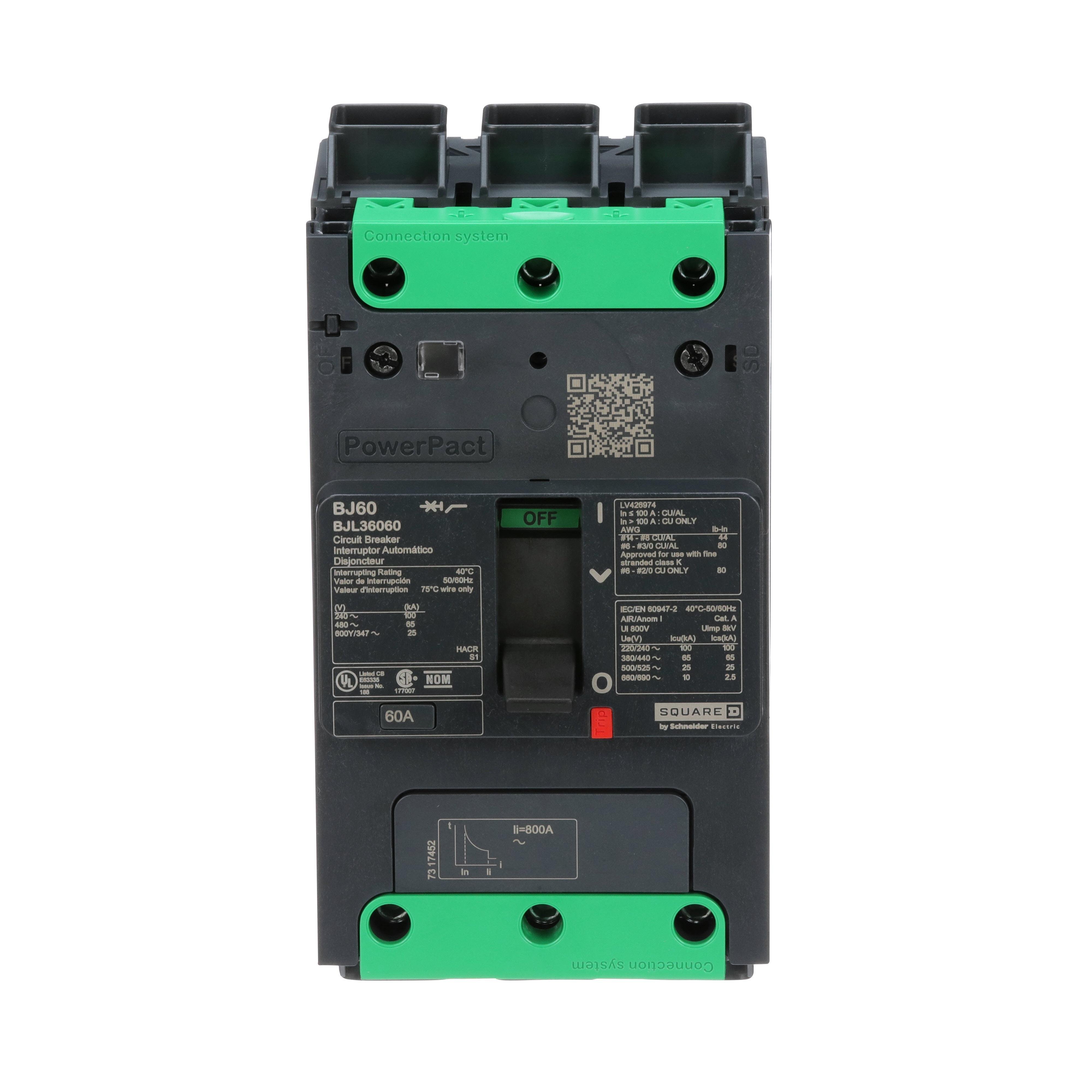 BJL36060 - Circuit breaker, PowerPacT B, 60A, 3 pole, 600Y/347VAC, 25kA, lugs, thermal magnetic, 80%
