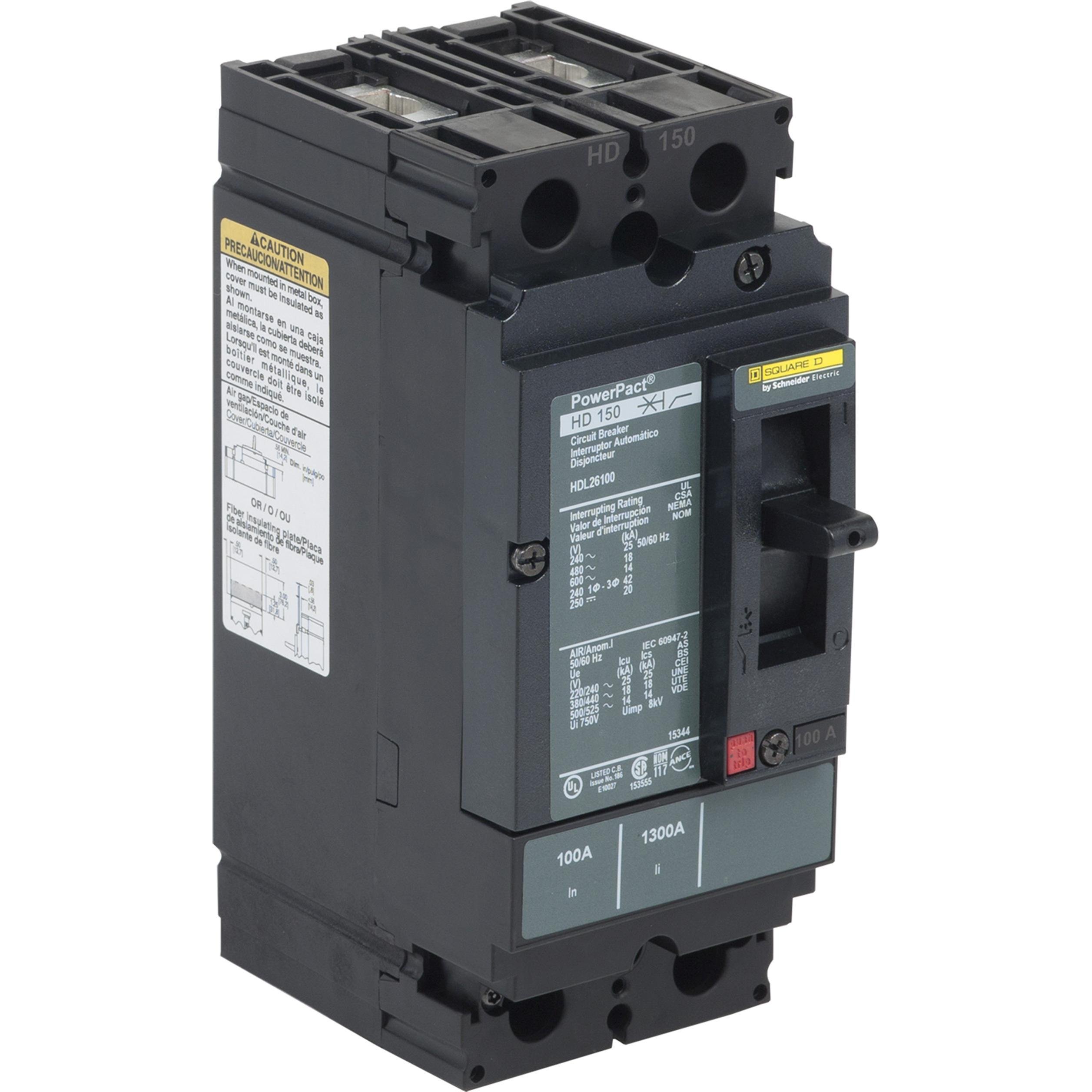 HDL26100C - Circuit breaker, PowerPacT H, 100A, 2 pole, 600VAC, 14kA, lugs, thermal magnetic, 100%