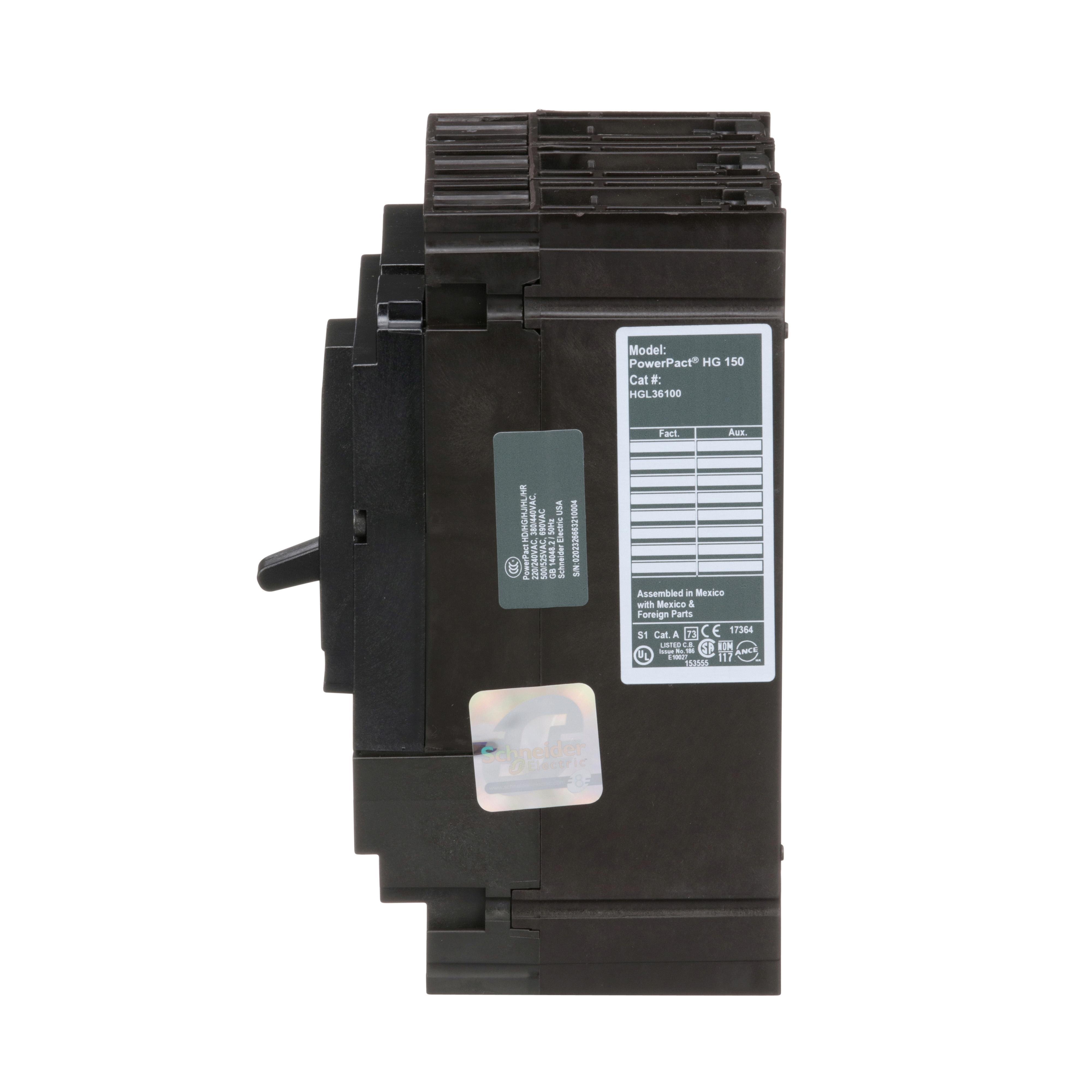 Picture of HGL36100 - Circuit breaker, PowerPacT H, 100A, 3 pole, 600VAC, 18kA, lugs, thermal magnetic, 80%