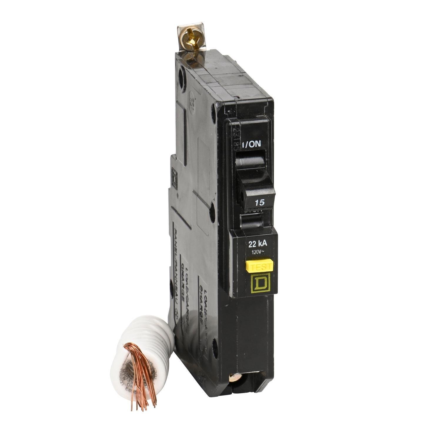 Picture of QOB115VHGFI - Mini circuit breaker, QO, 15A, 1 pole, 120VAC, 22kA, bolt on, 6mA grd fault A, pigtail