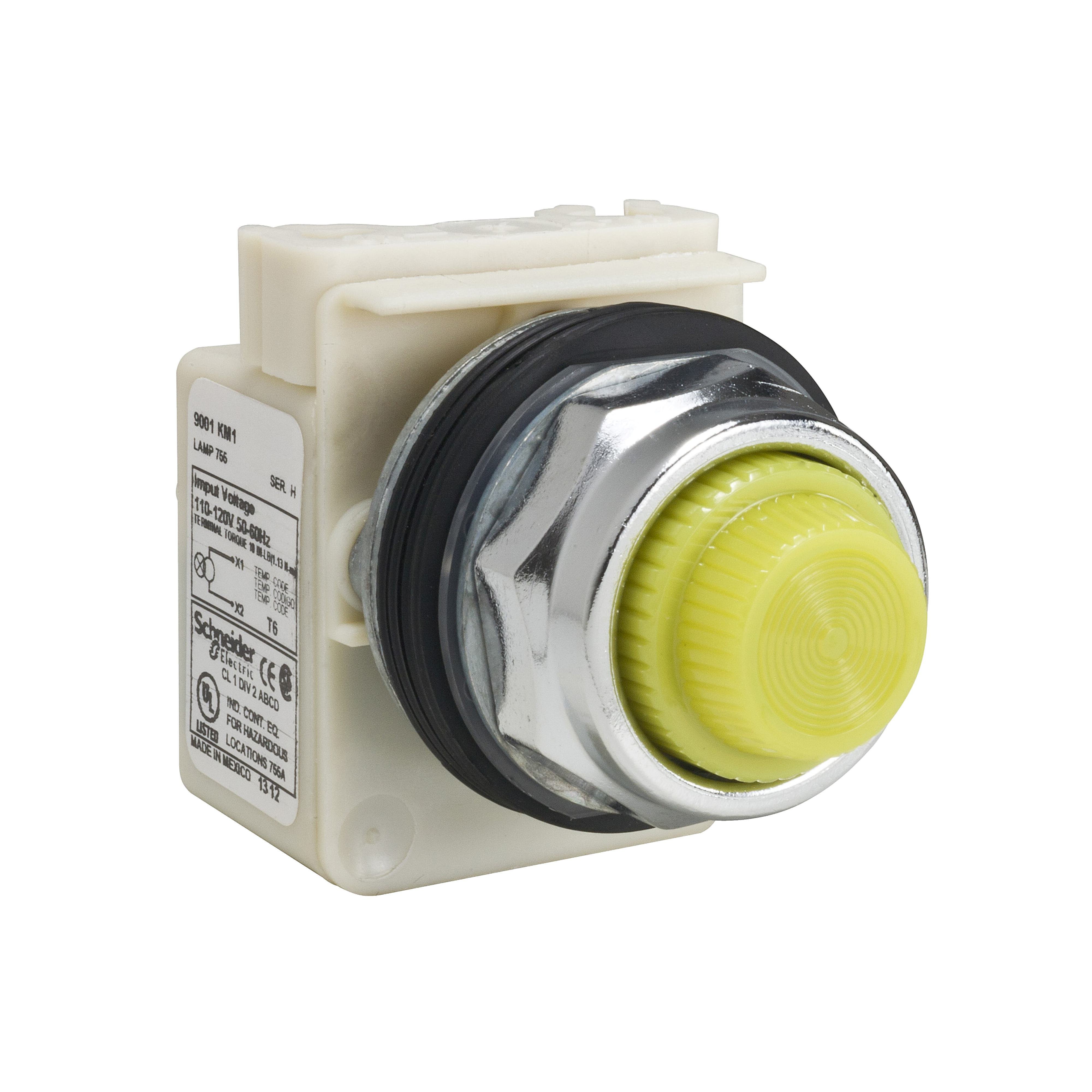 9001KP1Y31 - Pilot light, Harmony 9001K, metal, polycarbonate, fresnel, yellow, 30mm, 110-120V