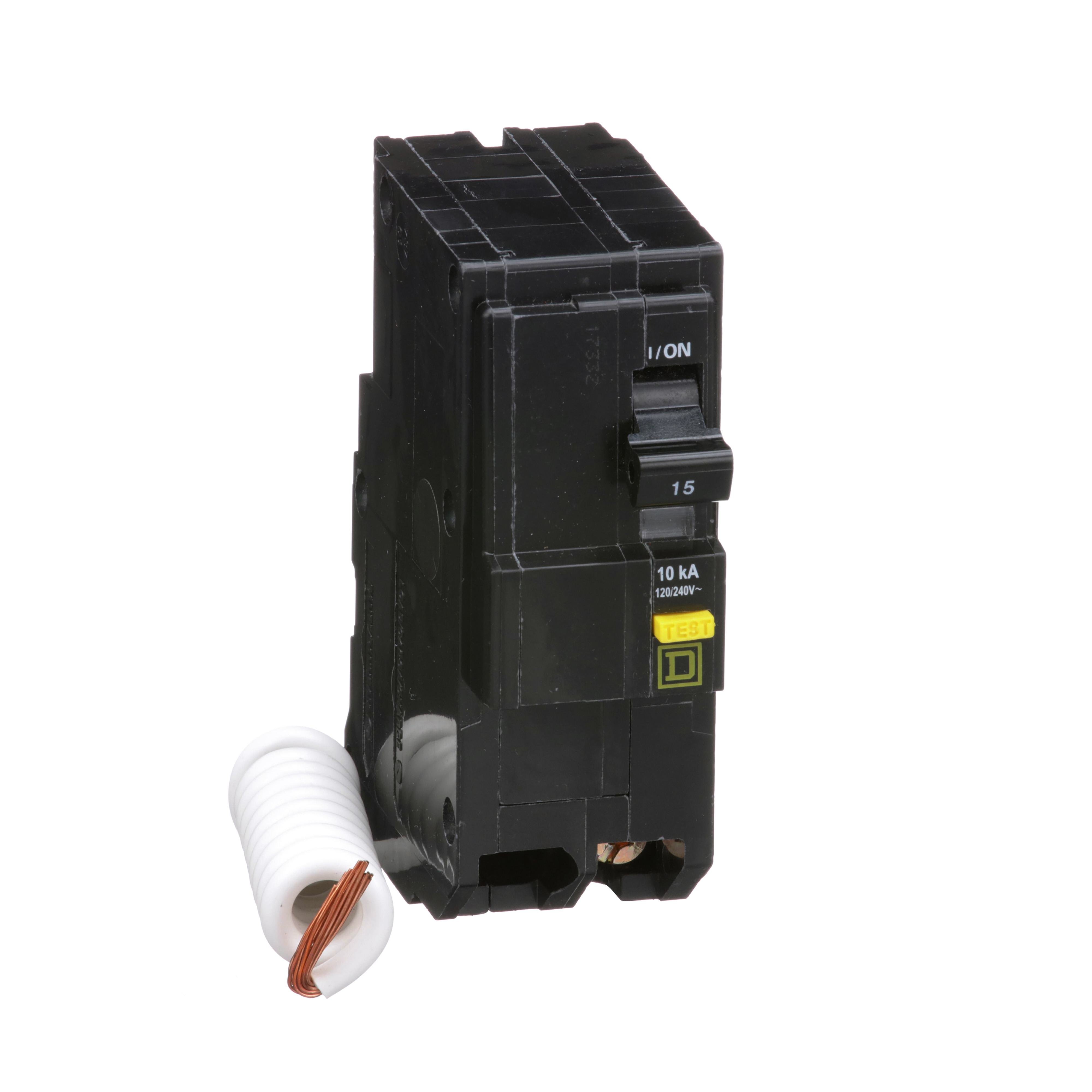 QO215GFI - [TAA] Mini circuit breaker, QO, 15A, 2 pole, 120/240VAC, 10kA, plug in, 6mA grd fault A, pigtail