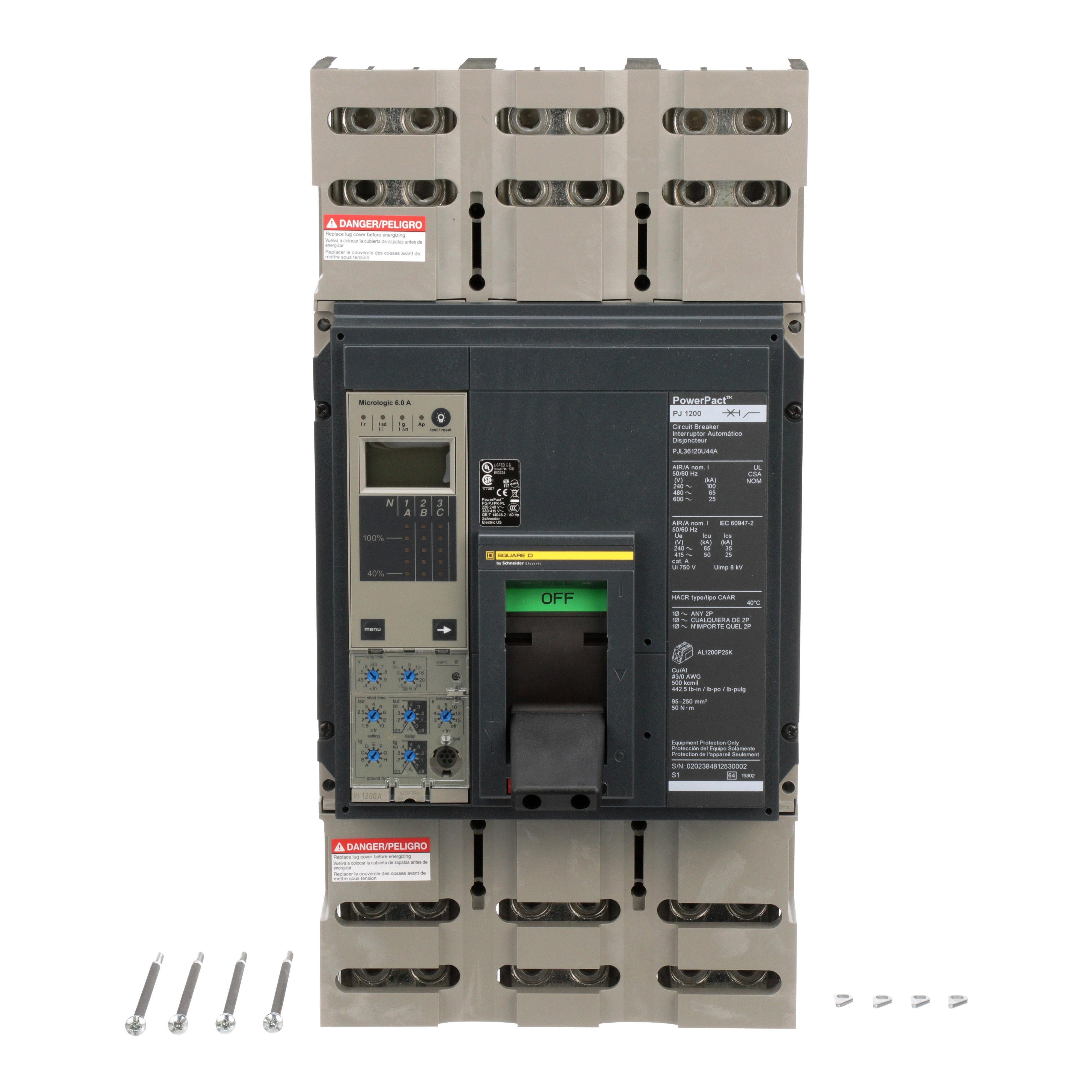 PJL36120U44A - Circuit breaker, PowerPacT P, 1200A, 3 pole, 600VAC, 25kA, lugs, Micrologic 6.0A, 80%