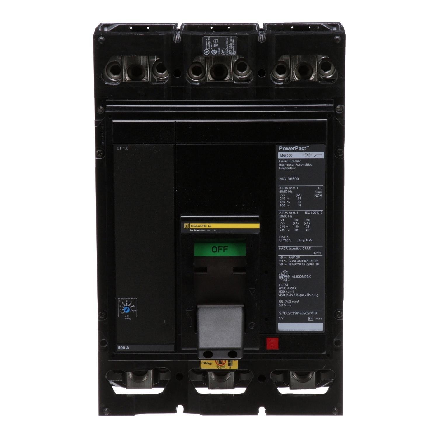 MGL36500 - Circuit breaker, PowerPacT M, 500A, 3 pole, 600VAC, 18kA, lugs, ET 1.0, 80%