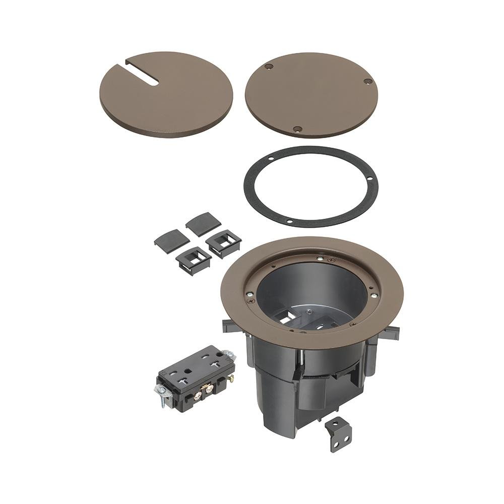 FLBR5420BR - TWO low voltage openings with built-in divider, an ultra-thin stamped steel flange, and flush-to-the-floor in-use and blank covers. Has a brown powder-coated finish.