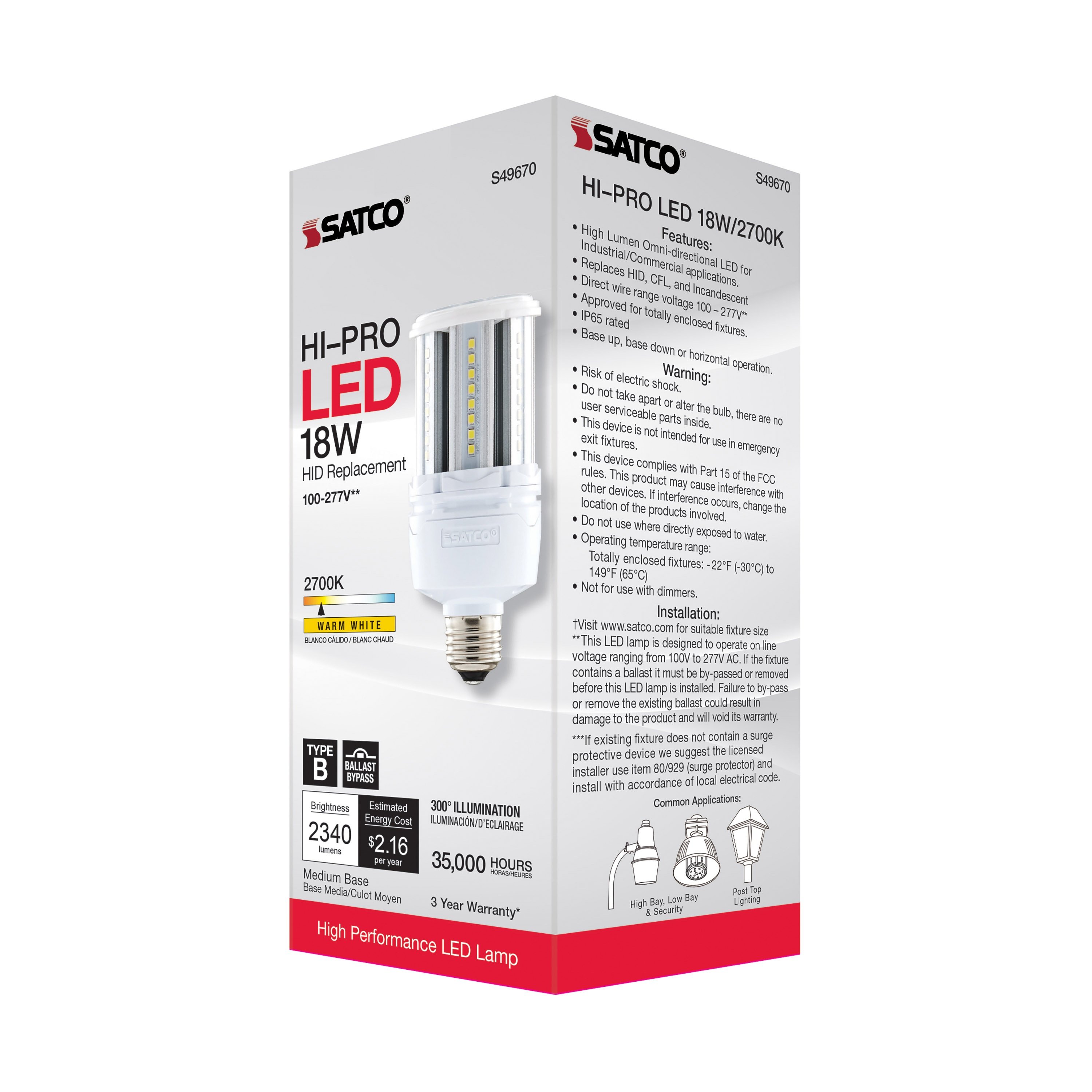 Picture of S49670 - 18 Watt LED HID Replacement - 80 CRI - 2700K - Type B - Ballast Bypass - Medium base - Economy Hi-Pro