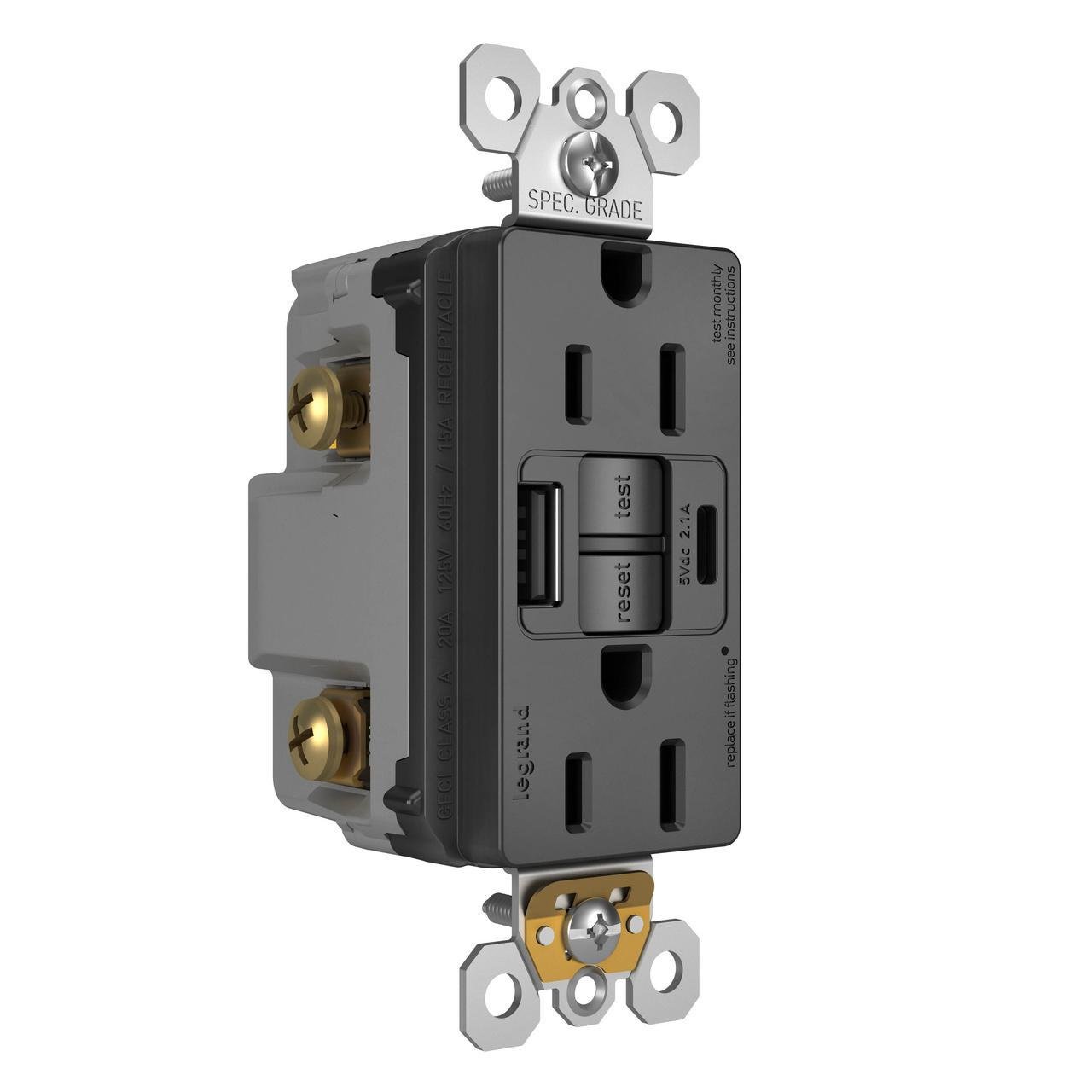 Picture of 1597TRUSBACBK - radiant® Tamper-Resistant 15A Duplex Self-Test GFCI Receptacles with SafeLock® Protection, USB Type A/C, Black