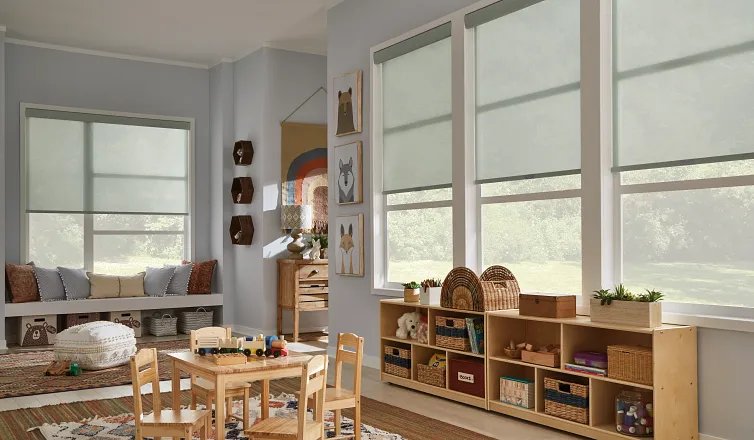 Cordless roller shades in playroom