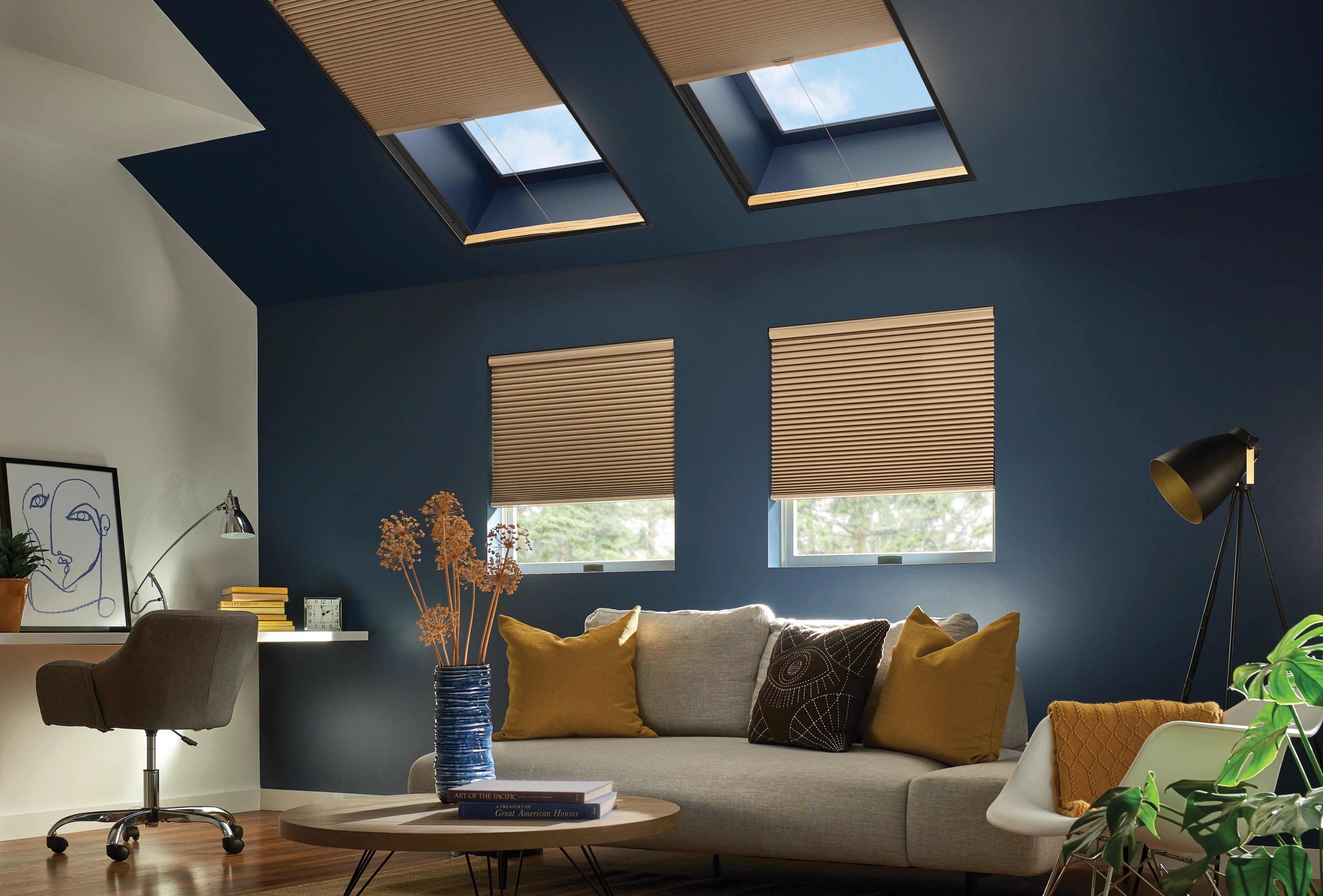 Brown cellular shades in windows and skylights