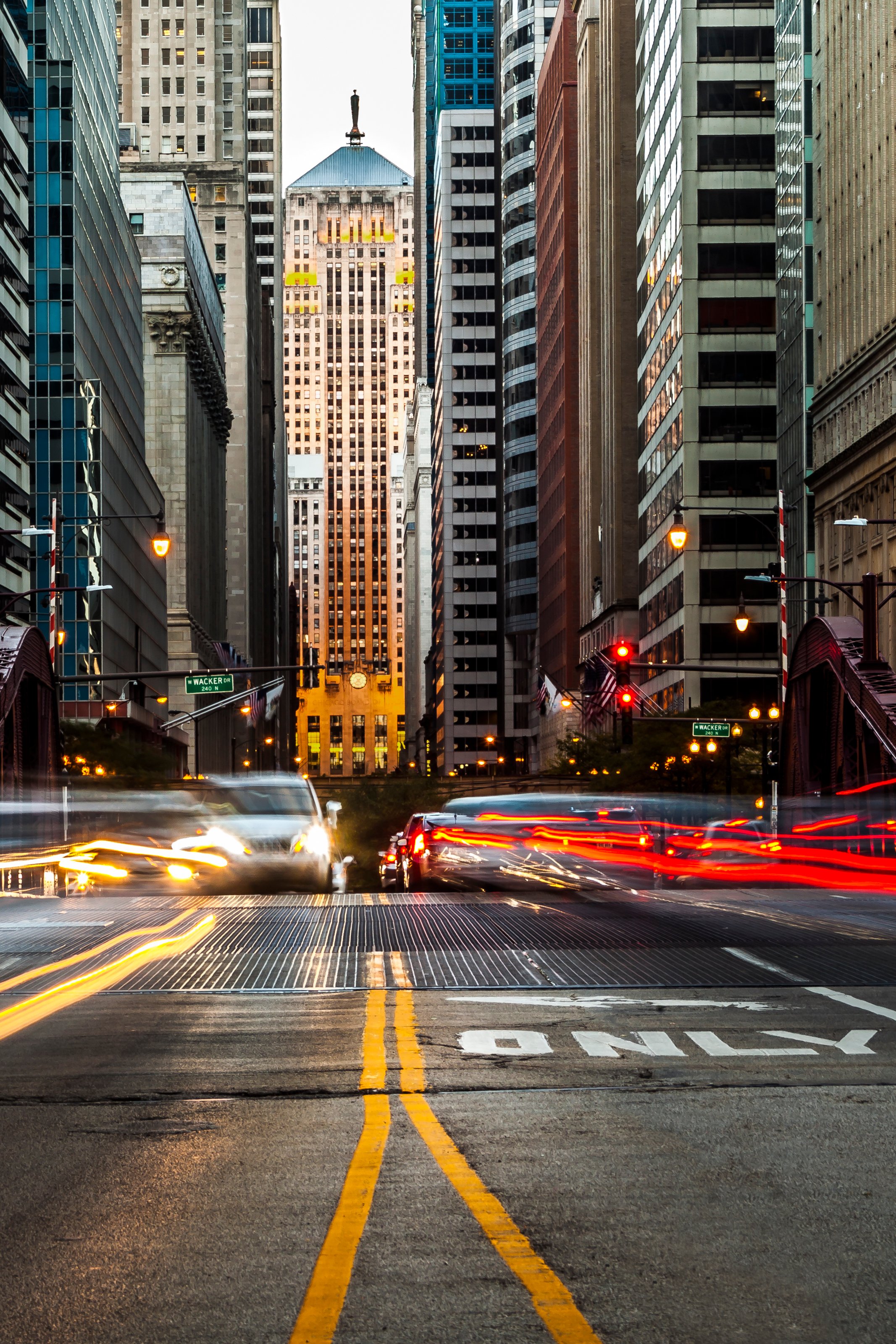 Evening traffic trails in downtown Chicago