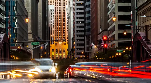 Evening traffic trails in downtown Chicago