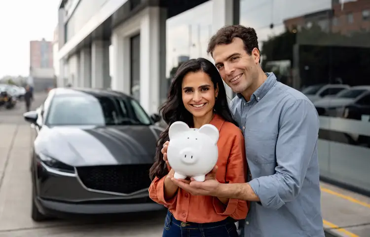Portrait of a happy couple holding a piggy bank after buying auto insurance in front of their car.