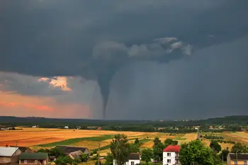 View of the serene countryside and stormy sky with a tornado in the background