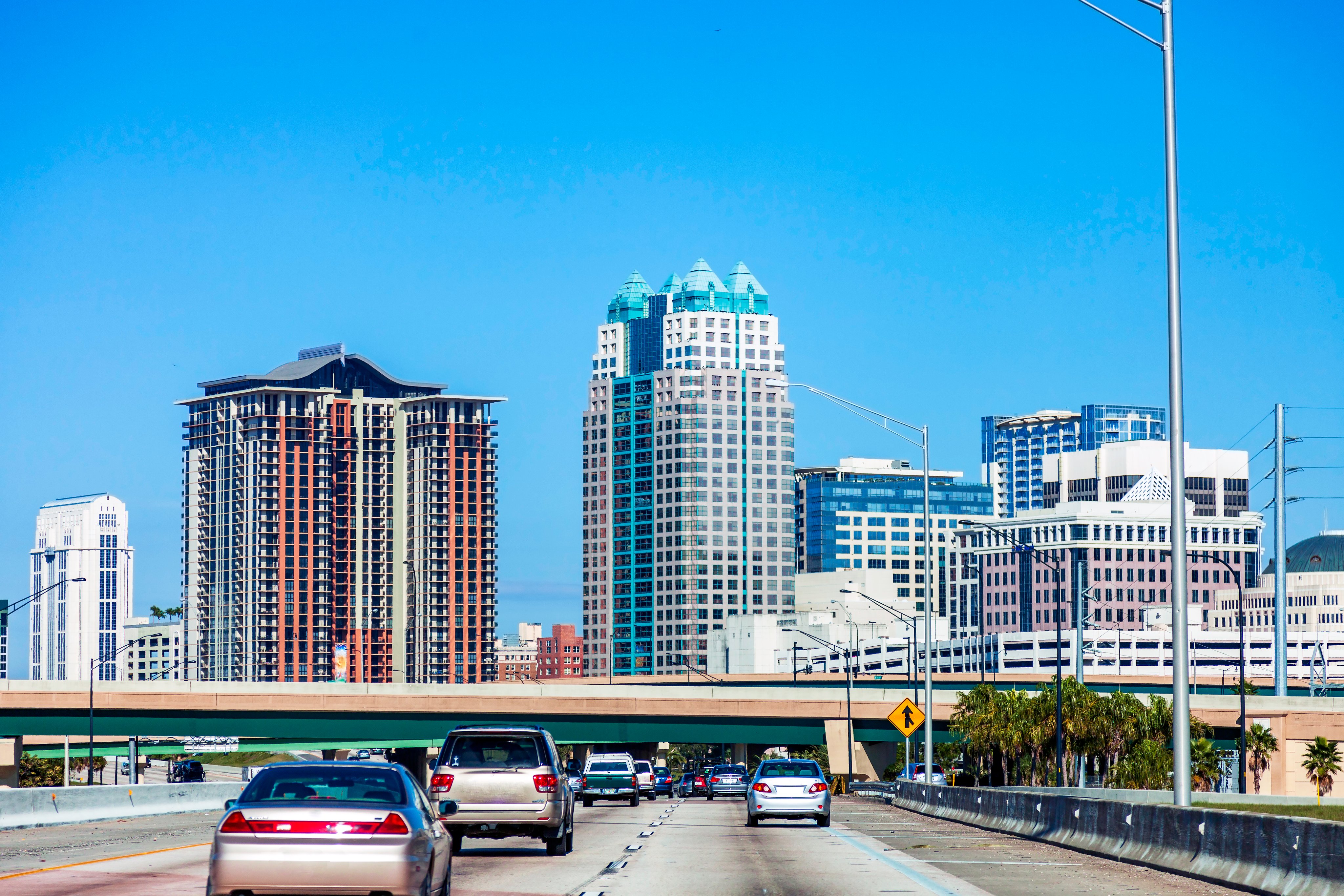 It's a beautiful day in Orlando, Florida as seen here heading north toward downtown Orlando on the I-4 Interstate highway
