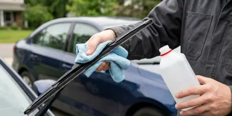 Person cleaning a car windshield wiper with a cloth while holding a bottle of alcohol