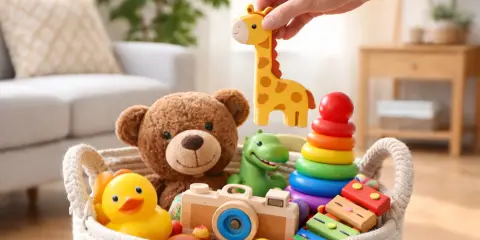 Hand placing toy giraffe into chuck-it bucket &ndash; kids cleaning up and learning responsibility