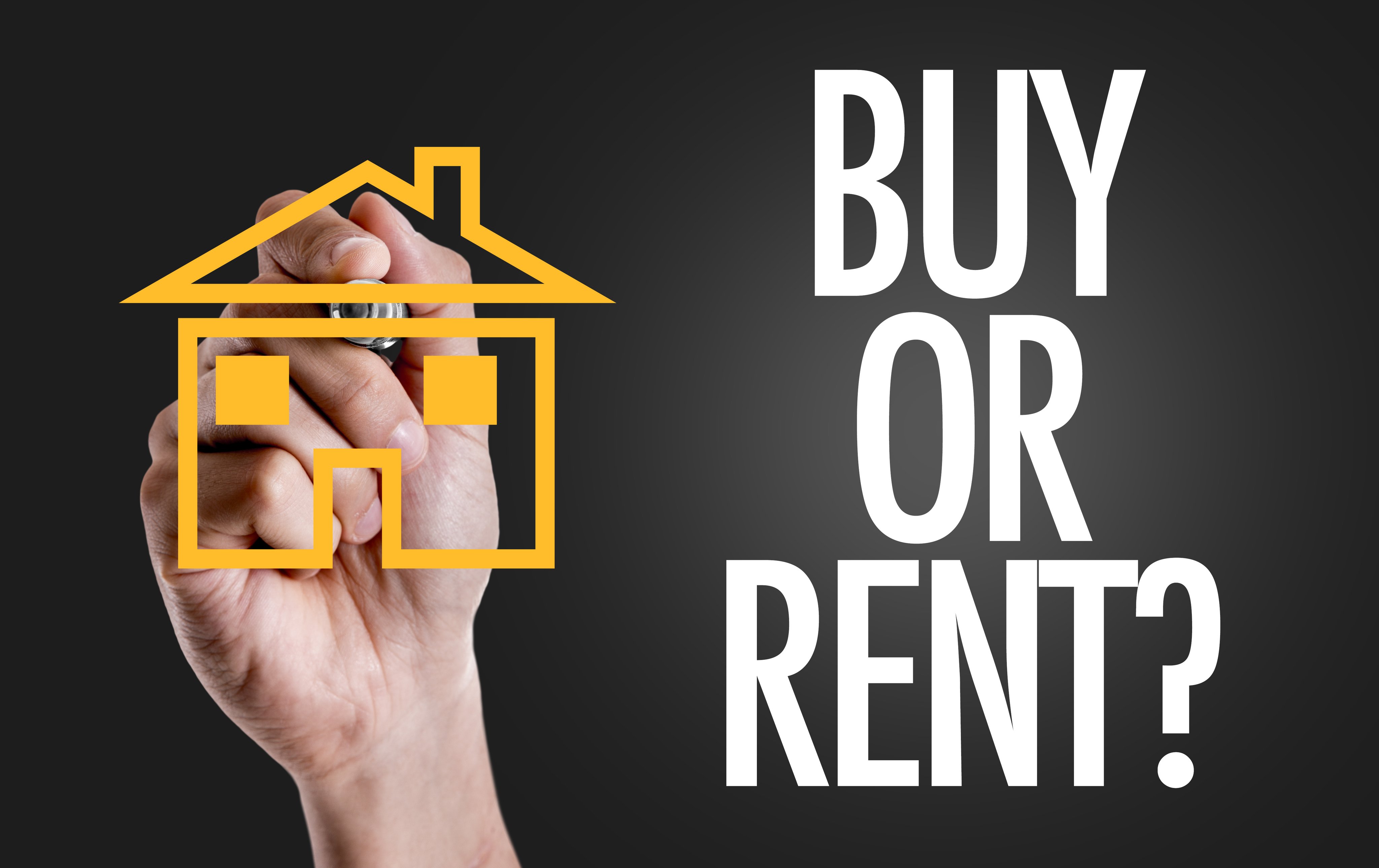 Hand drawing house graphic with that that reads Buy or Rent?