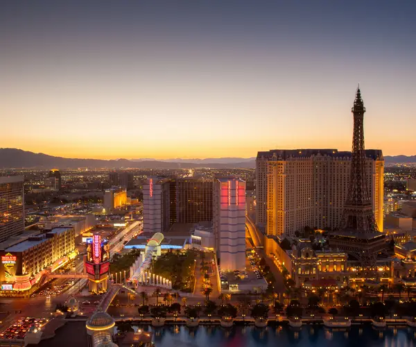 Aerial view over Las Vegas close to sunset at twilight. Las Vegas, Nevada, USA