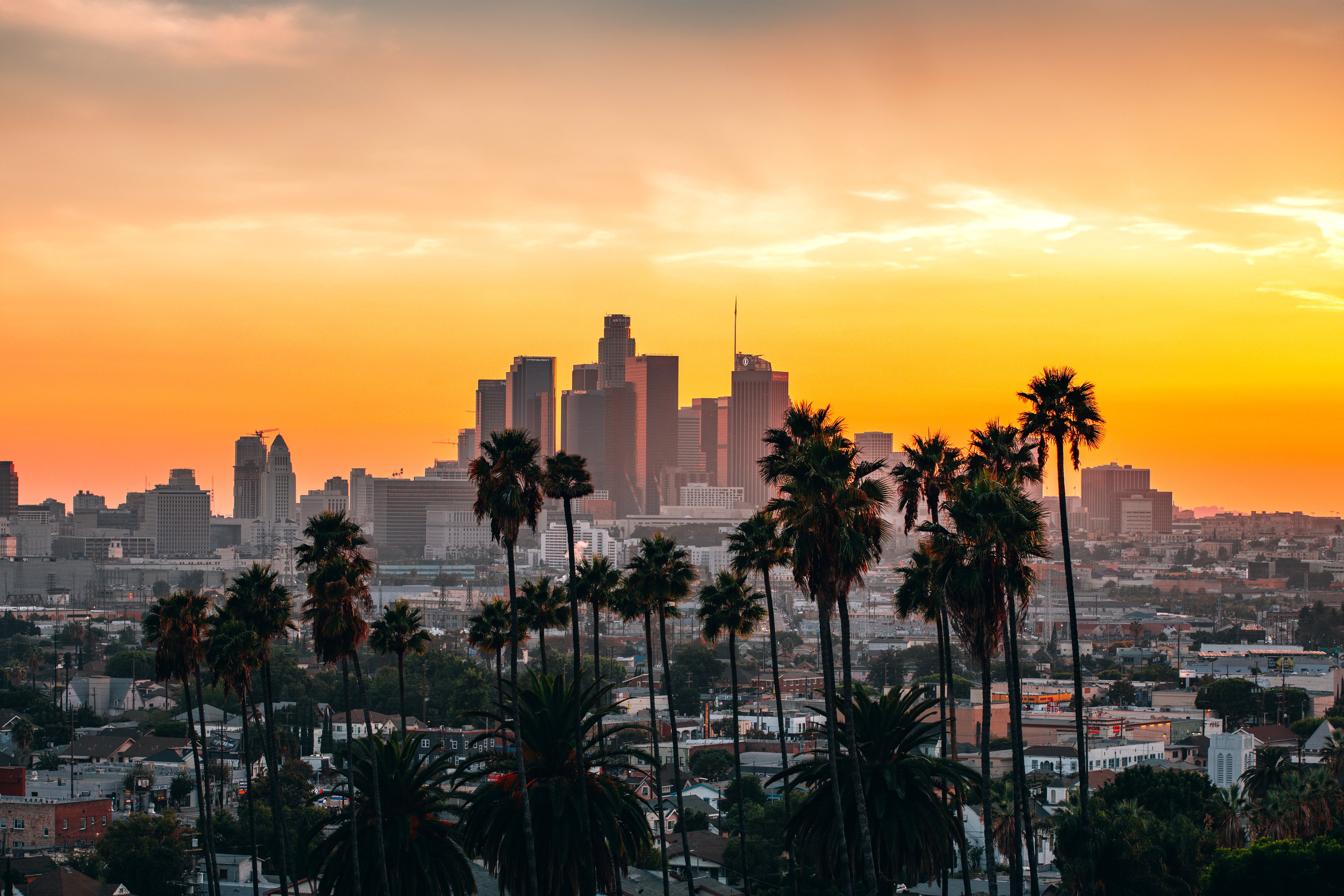 Beautiful sunset in SoCal over LA downtown skyscrapers