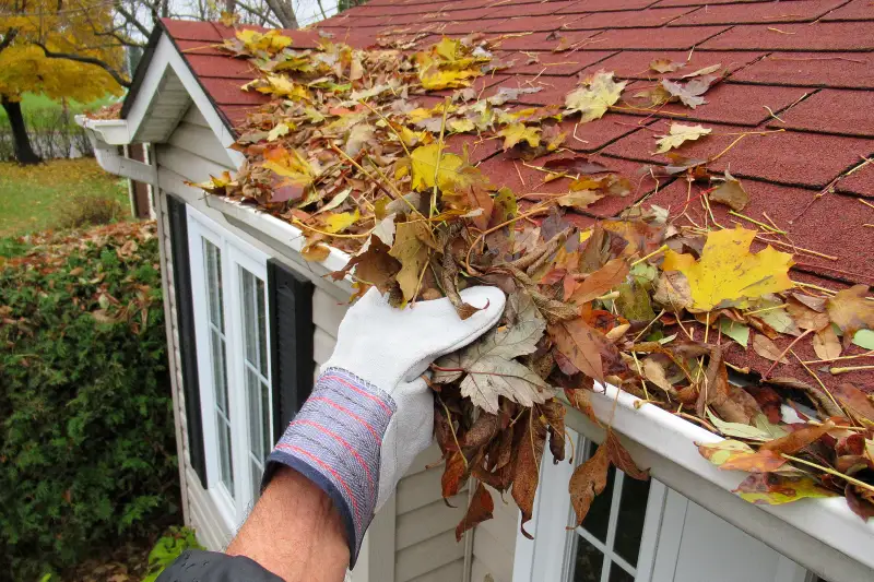 Someone cleaning leaves from a roof top gutter